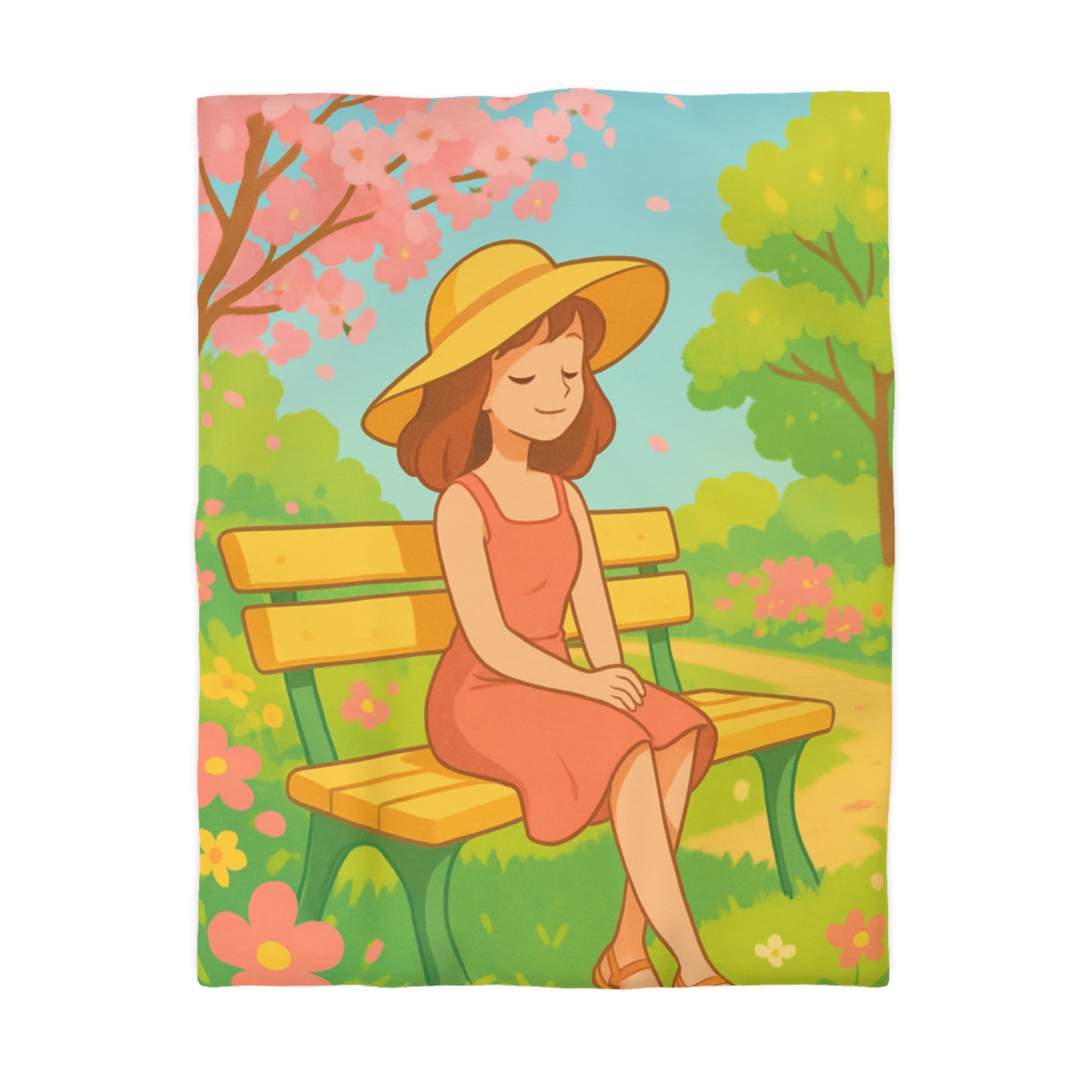 Housse De Couette Motif Printanier Banc Fleurs Ciel Bleu Style Illustration Paisible