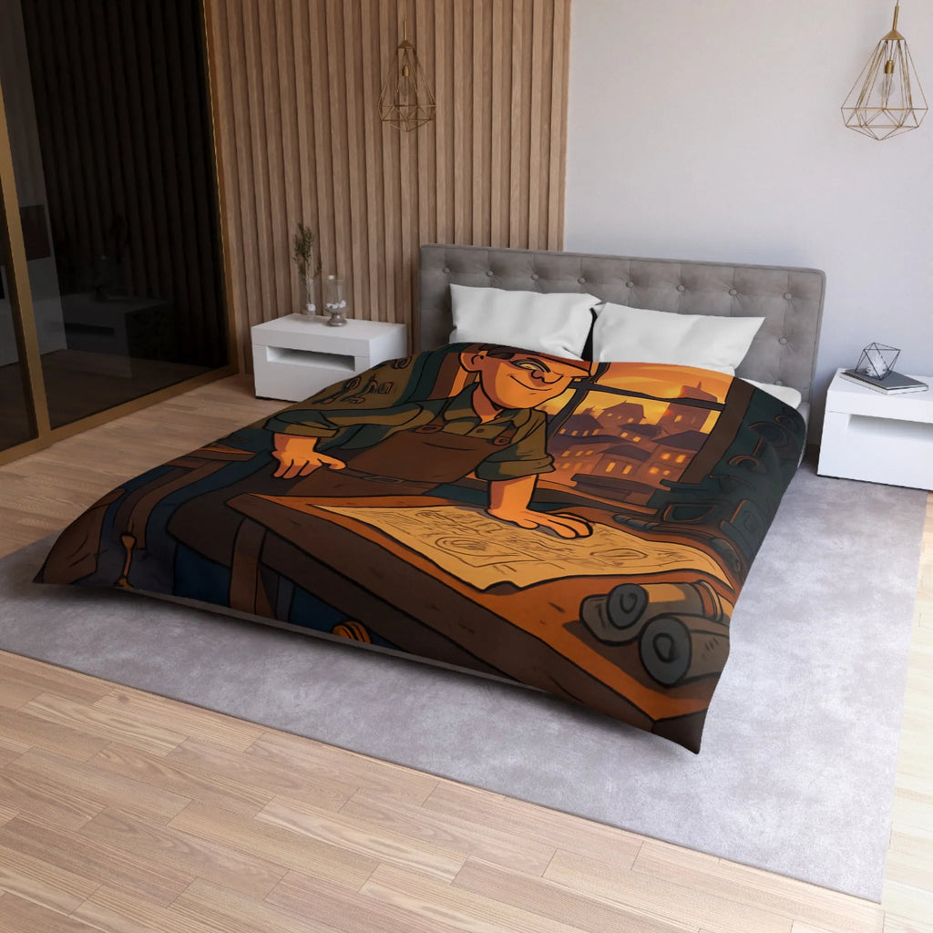 Housse de couette enfant avec illustration atelier rétro et robots amusants pour inventeur