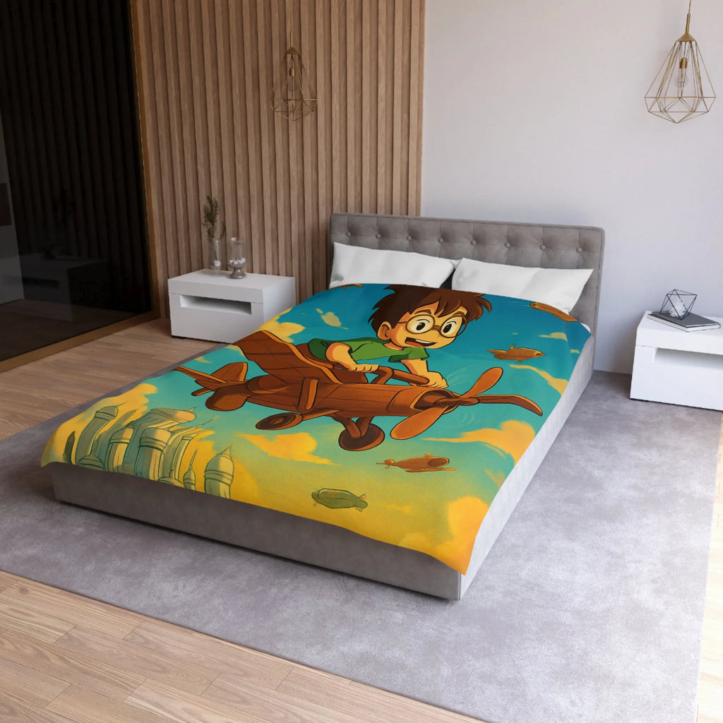 Aventure enfantine avec avion en bois survolant palais nuageux au coucher du soleil