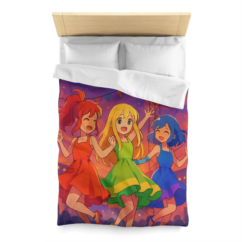Housse de Couette Colorée avec Trois Amies Dansant sur une Scène Éclairée de Nuit