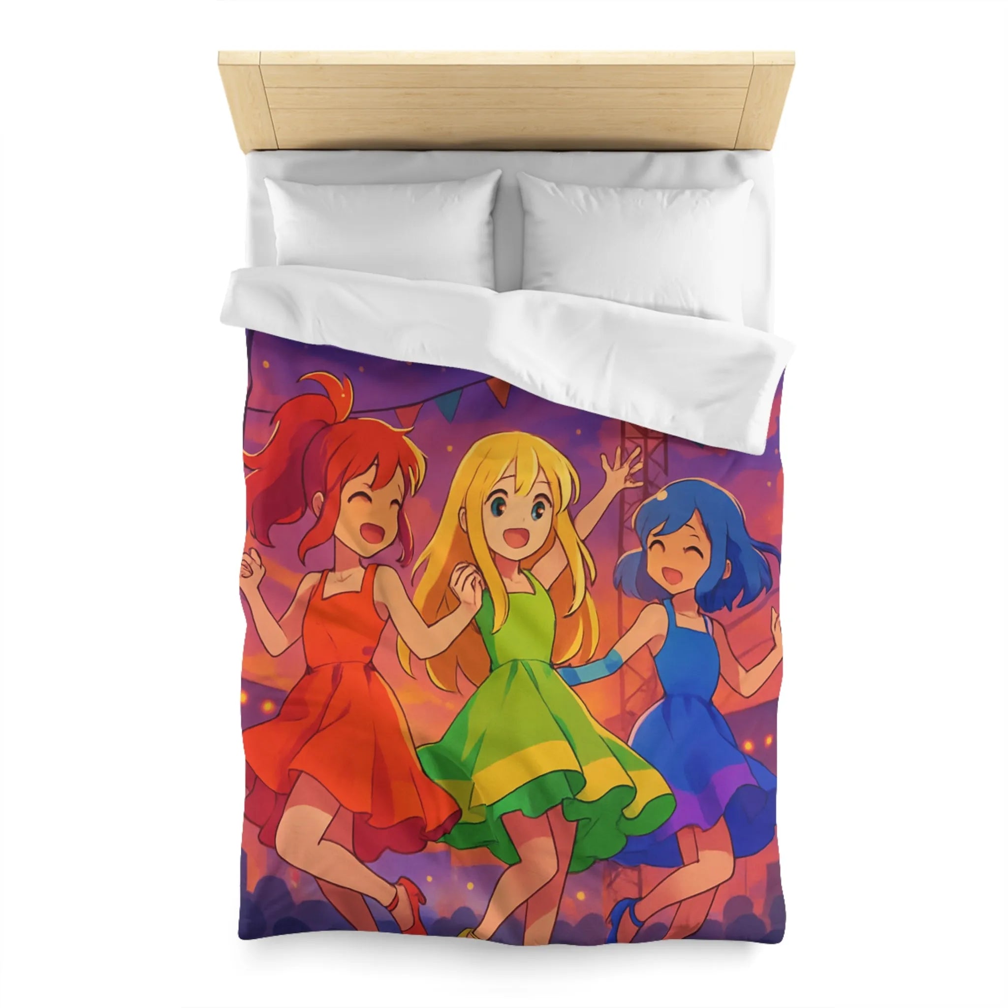 Housse de Couette Colorée avec Trois Amies Dansant sur une Scène Éclairée de Nuit