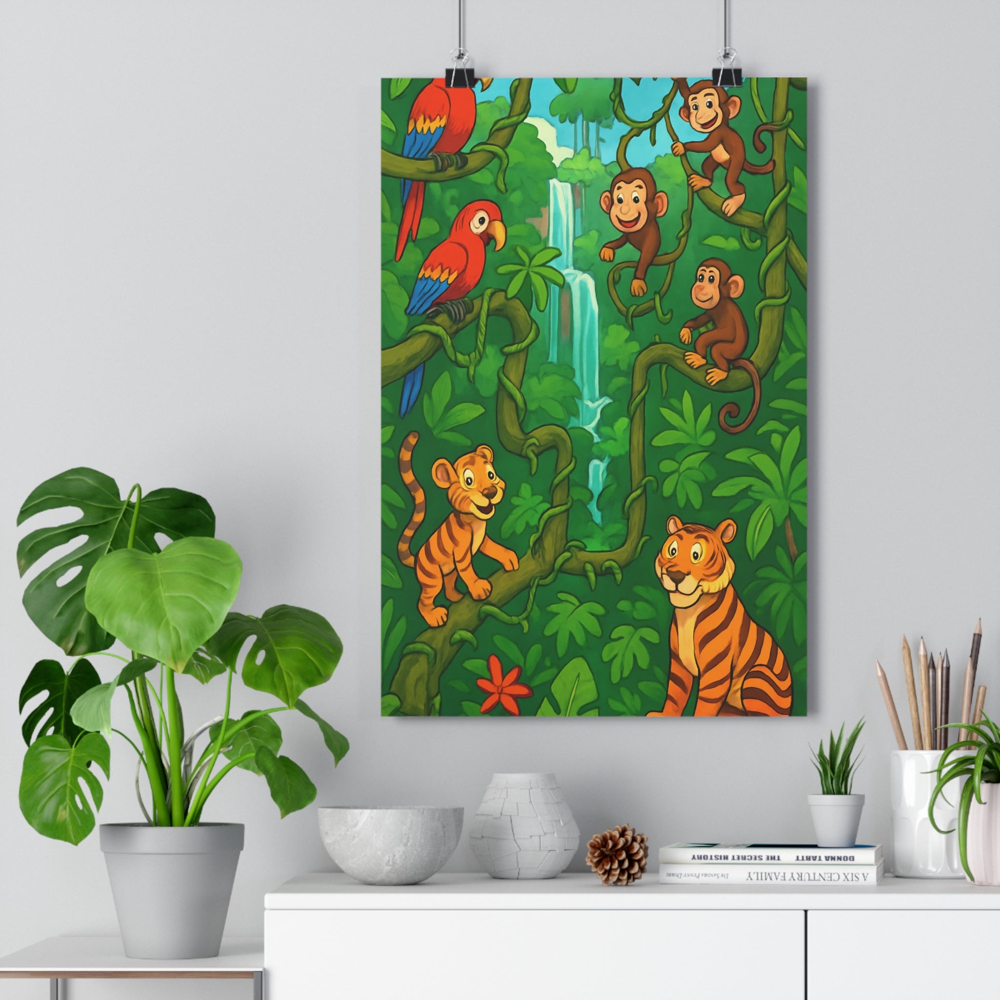 Poster décoratif jungle alphabétique vert rouge cartoon enfant joyeux nature chambre éducatif amusant vibrant