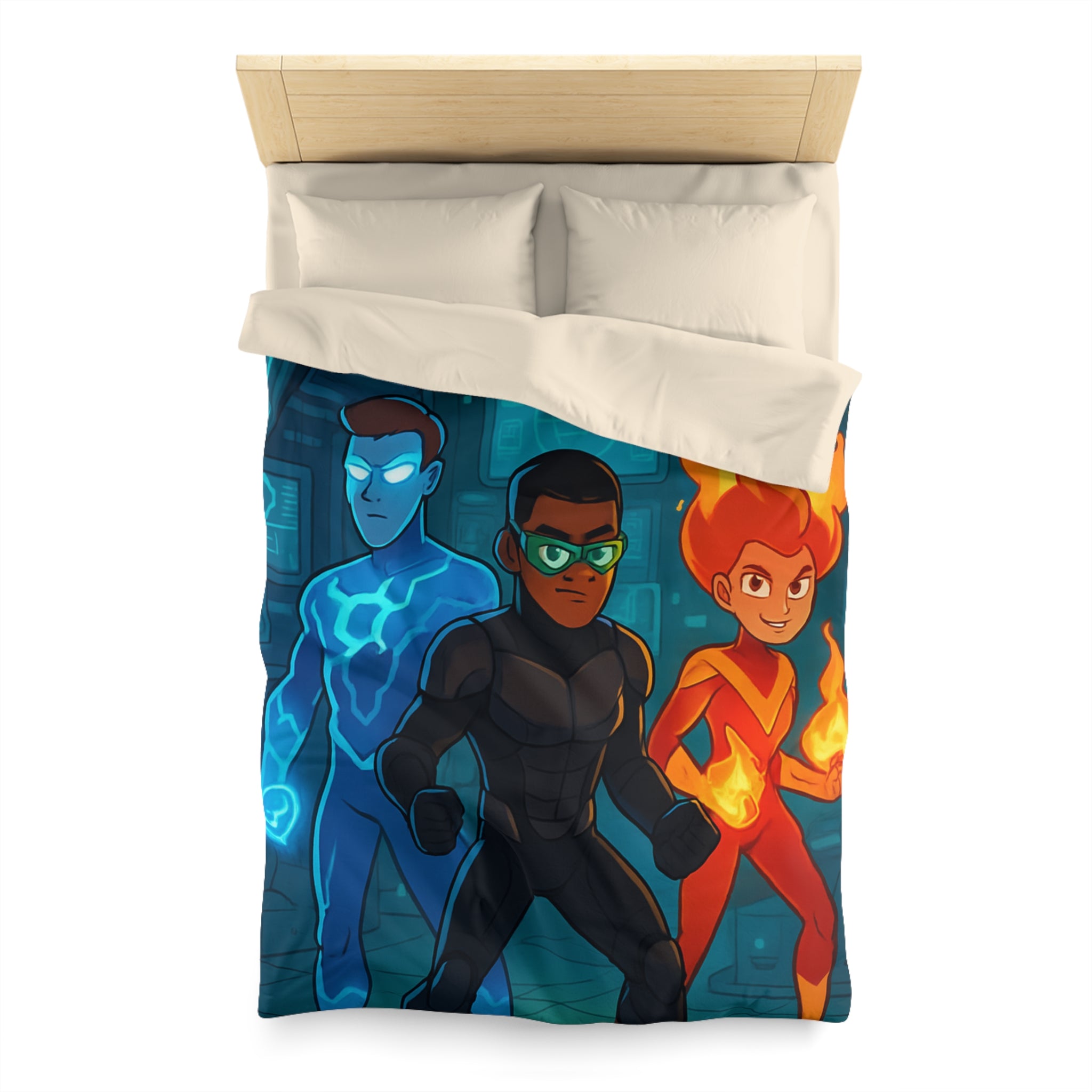 Housse de couette super-héros colorée avec motifs de feu, glace et technologie futuriste