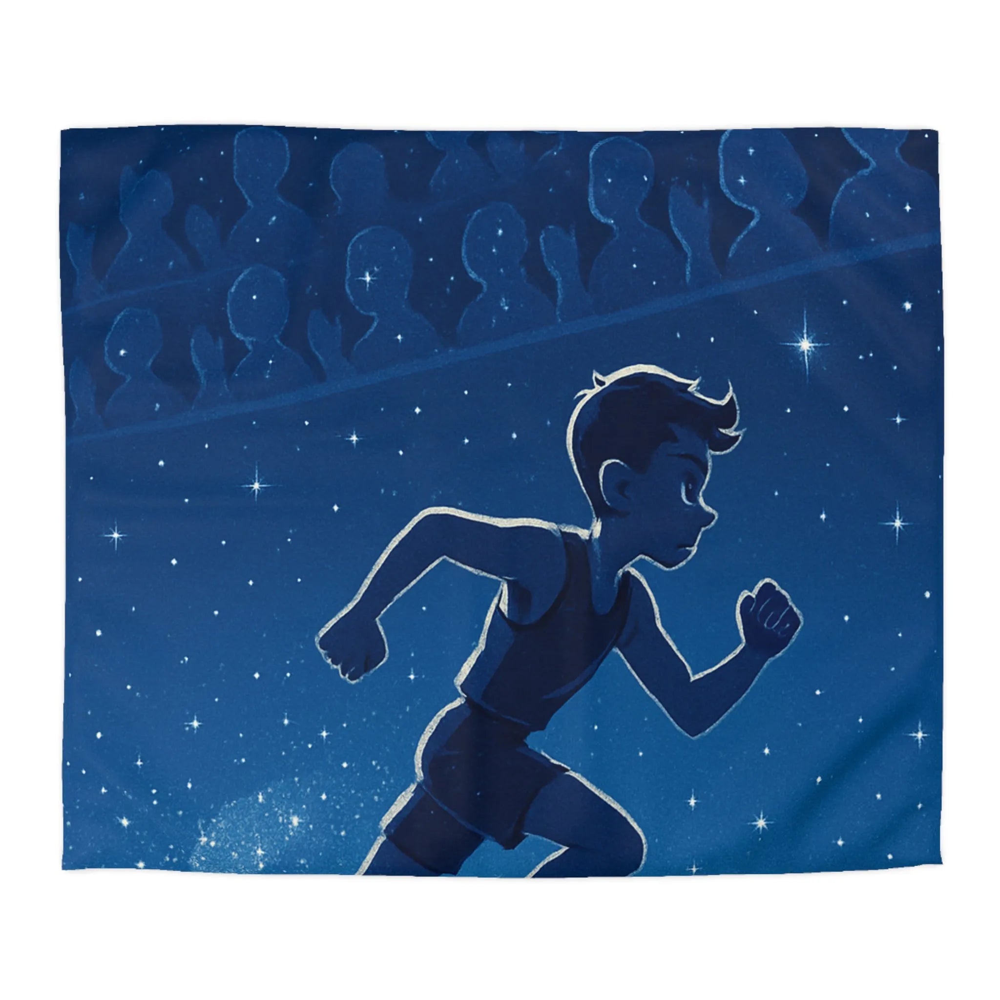 Housse de couette bleue nuit avec silhouette d'enfant courant sous ciel étoilé