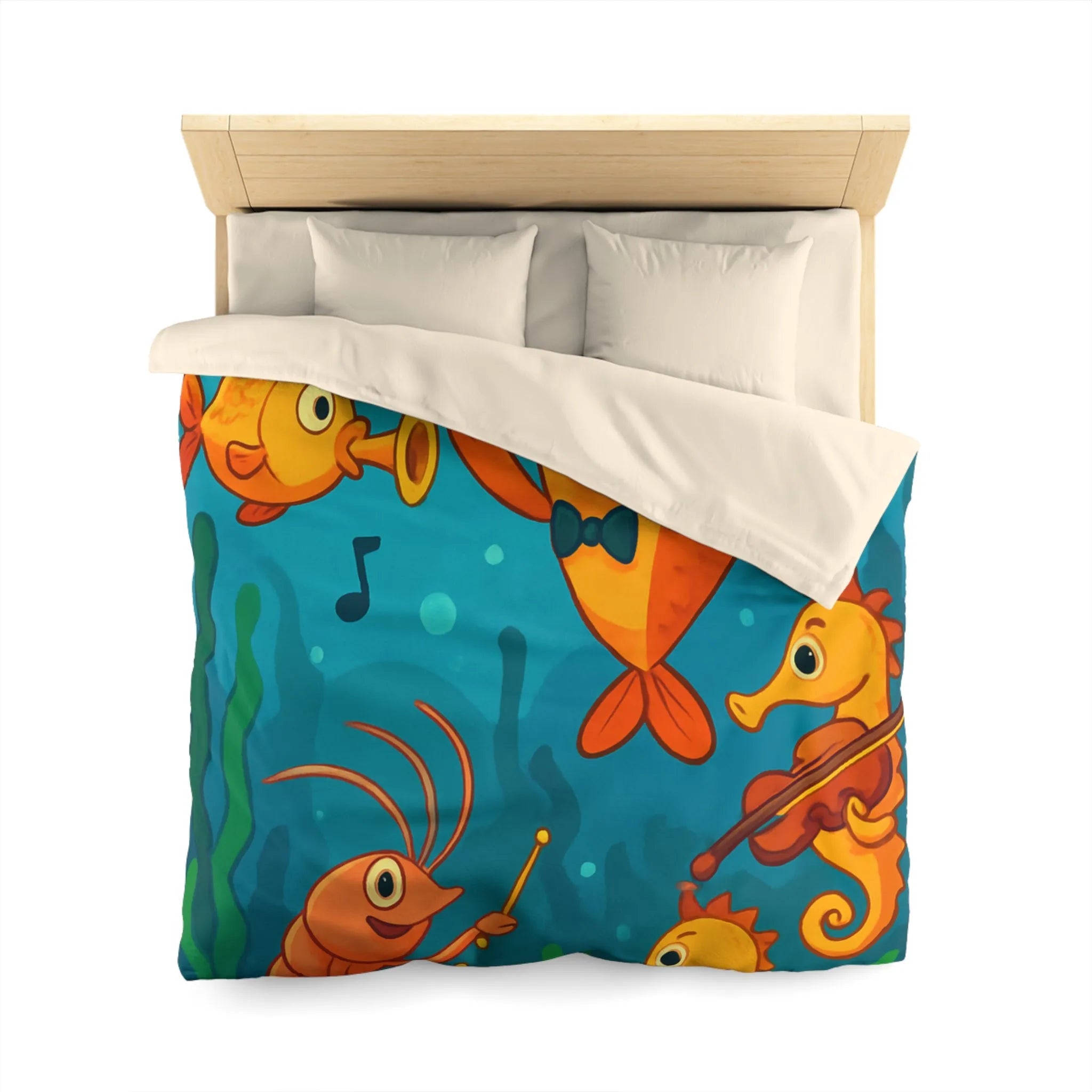 Housse de couette ludique pour enfants avec orchestre sous-marin de poissons et hippocampes