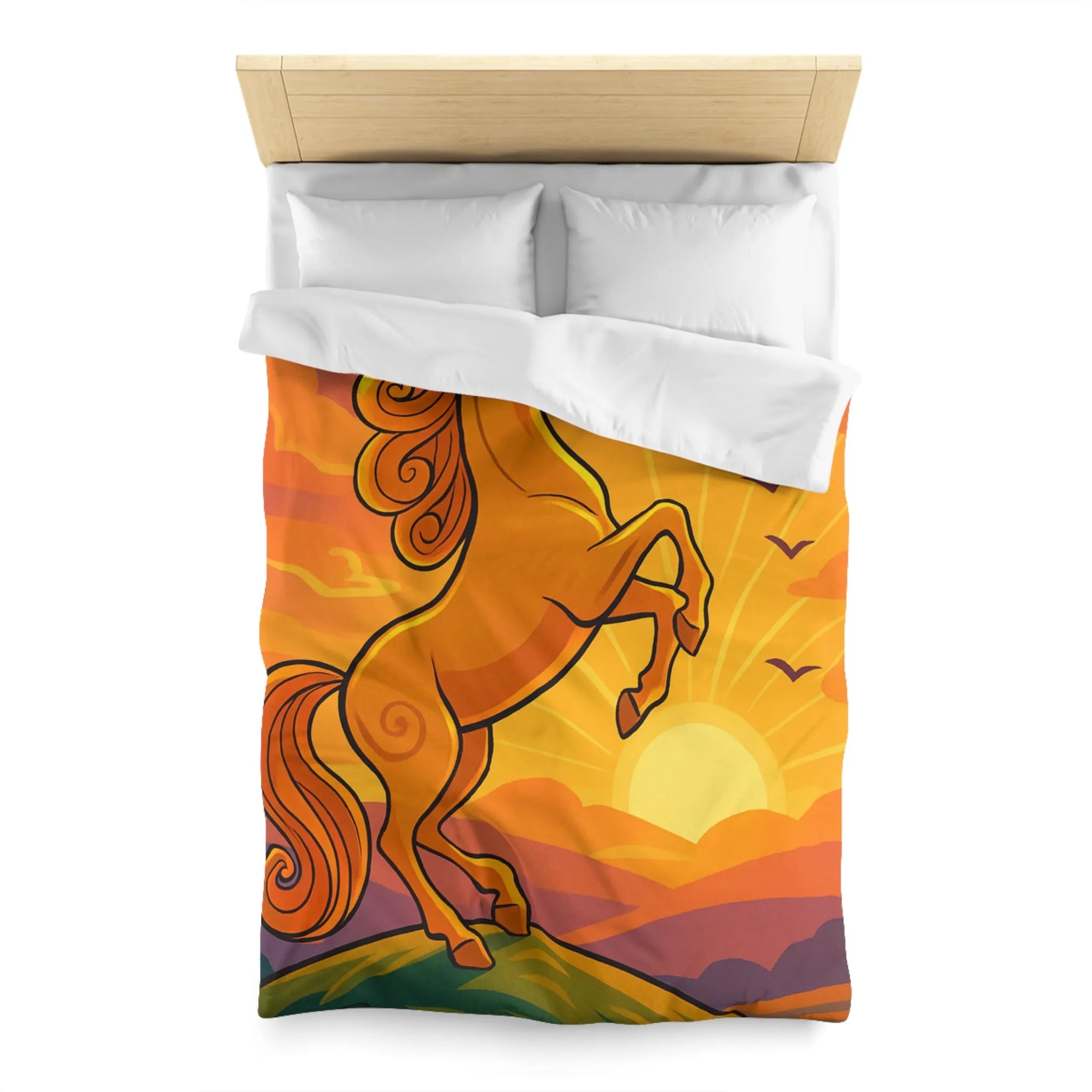 Housse de Couette Équestre Colorée : Cheval Cabré au Coucher de Soleil Artistique