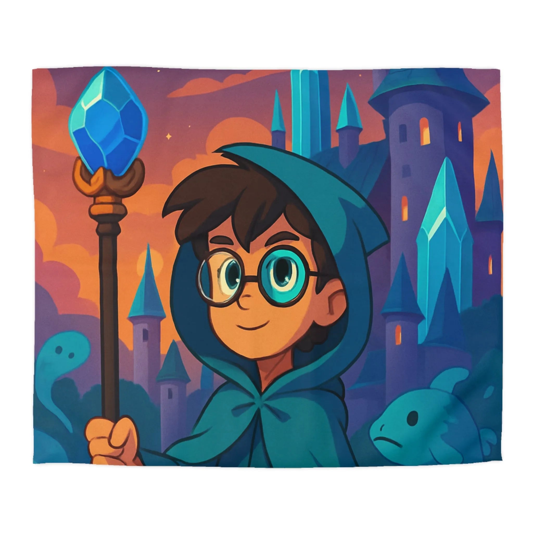 Housse de couette magie bleue fantasy avec château, sorcier et météore étincelant