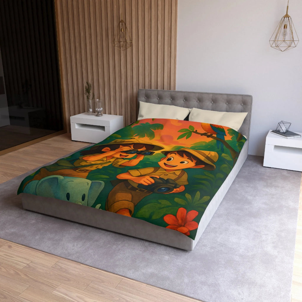 Housse de couette jungle colorée avec enfants explorateurs, perroquet et éléphant mignon