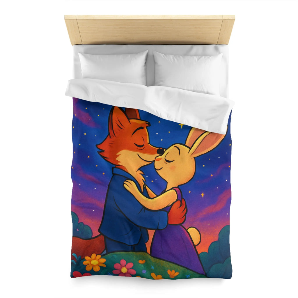 Housse de couette avec renard et lapin amoureux sous ciel étoilé romantique