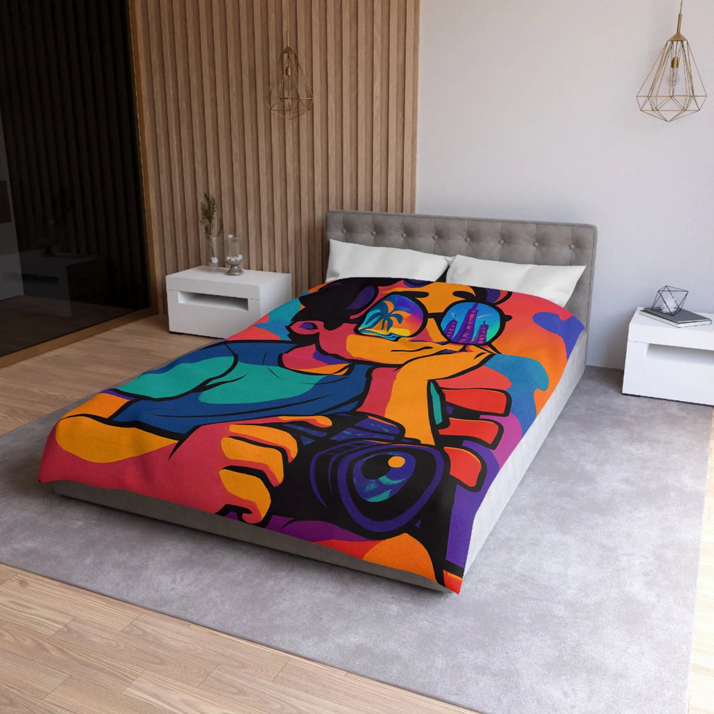 Housse de couette animée jeune rêveur lunettes de soleil et appareil photo colorés