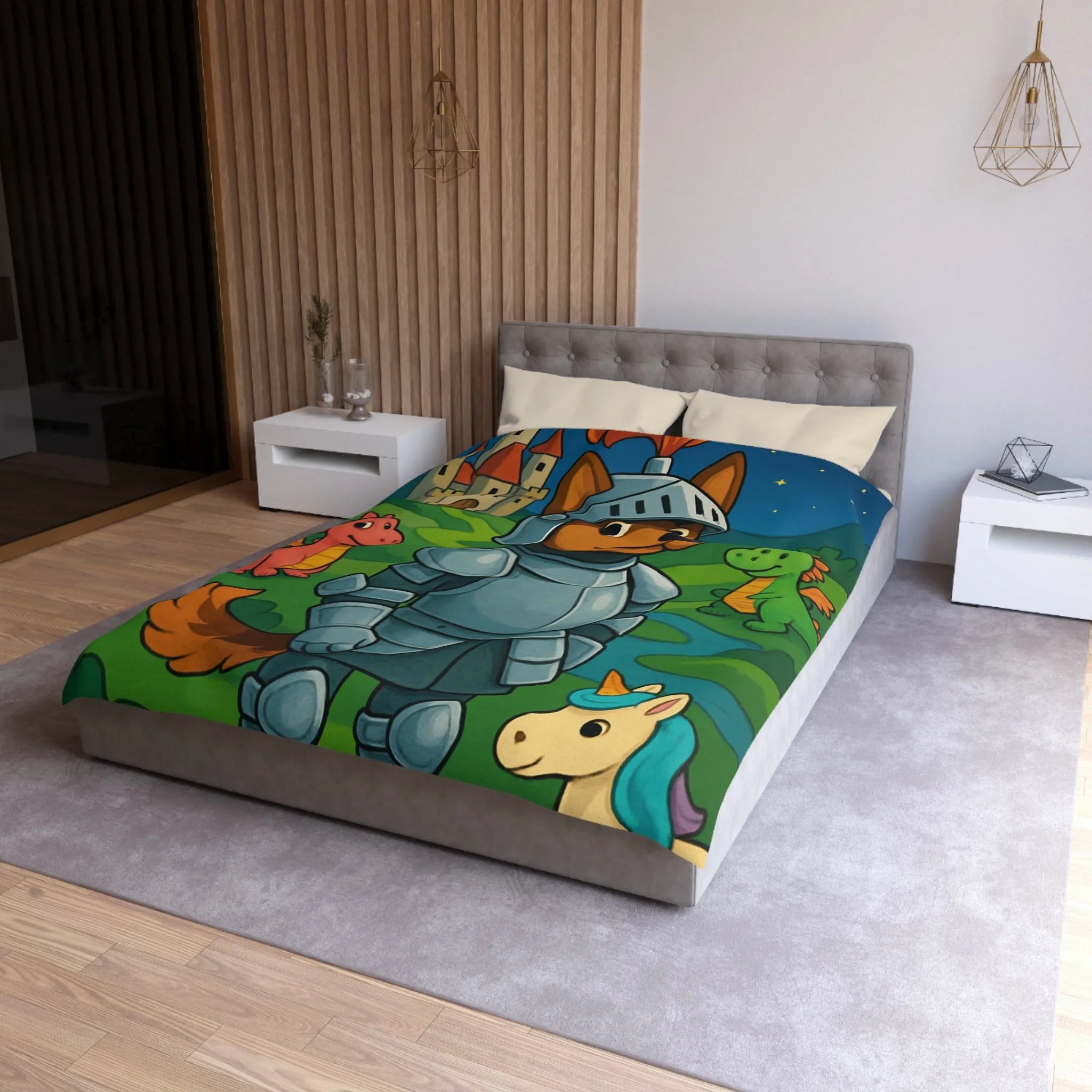 Housse de couette enfant chevalier courageux avec dragon et licorne fantastiques