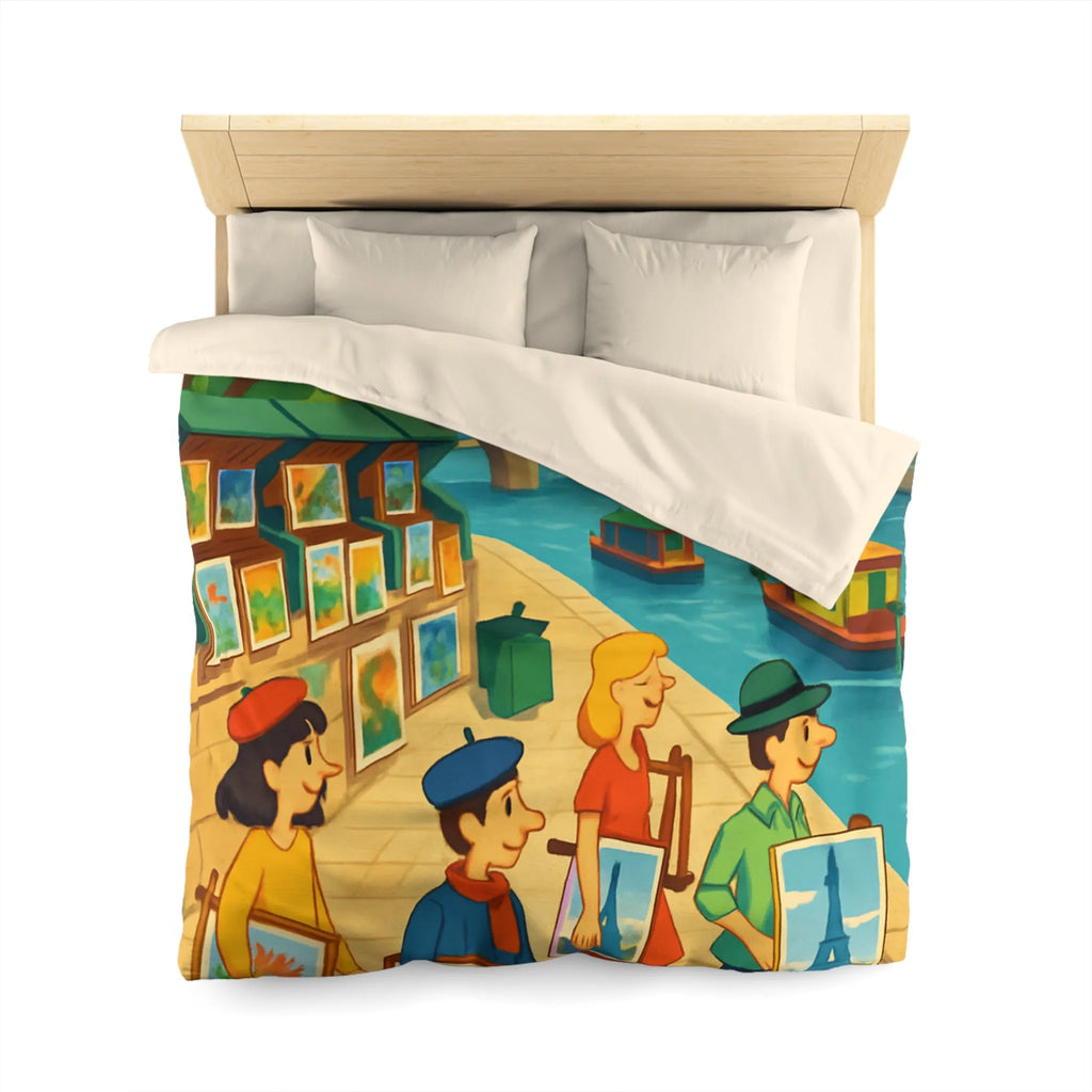 Housse de couette artistique thème parisien avec scènes de quai colorées et peintres joyeux
