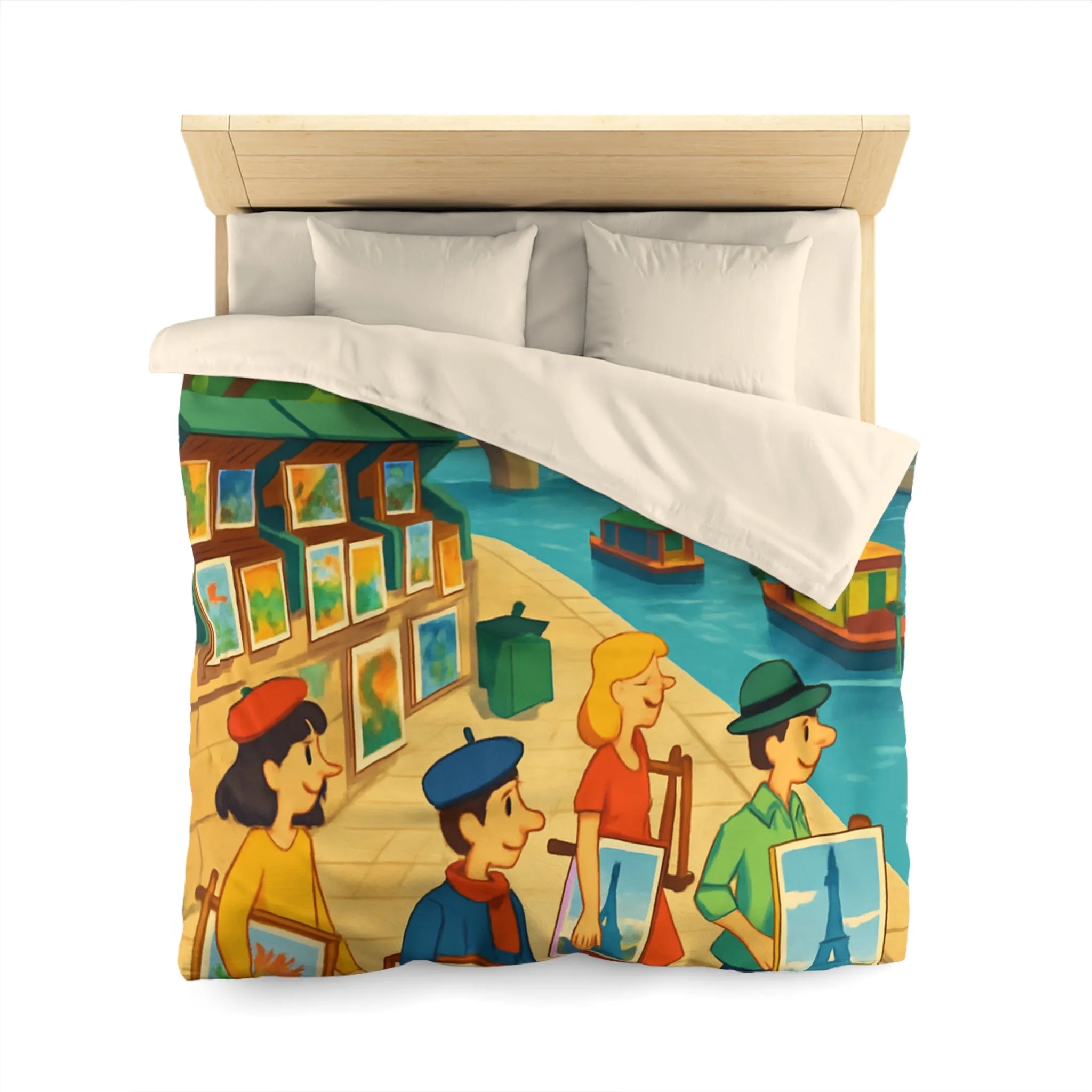 Housse de couette artistique thème parisien avec scènes de quai colorées et peintres joyeux