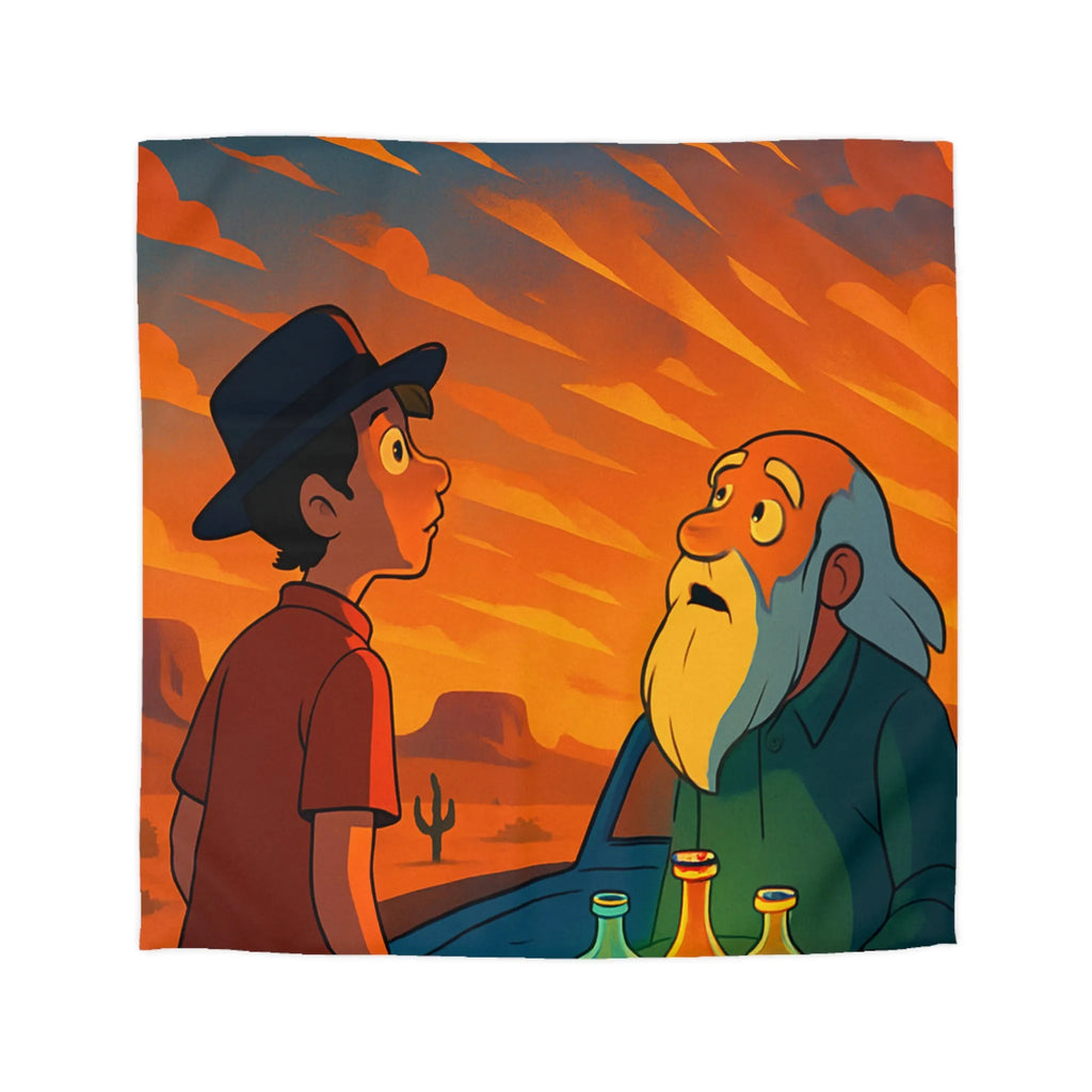 Housse de couette artistique coucher de soleil désertique avec flacons lumineux et personnages