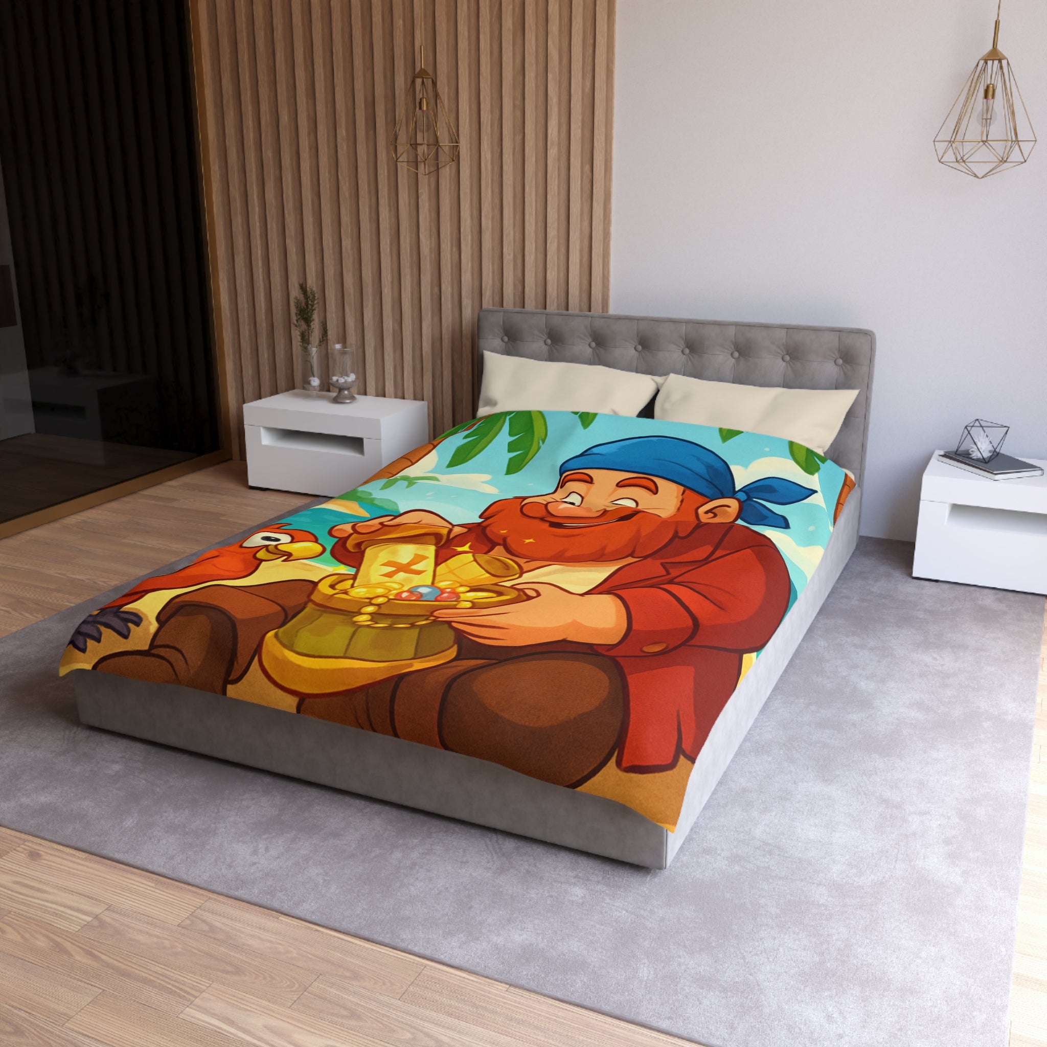 Housse de couette pirate joyeux trésor plage, perroquet coloré, mer et palmiers