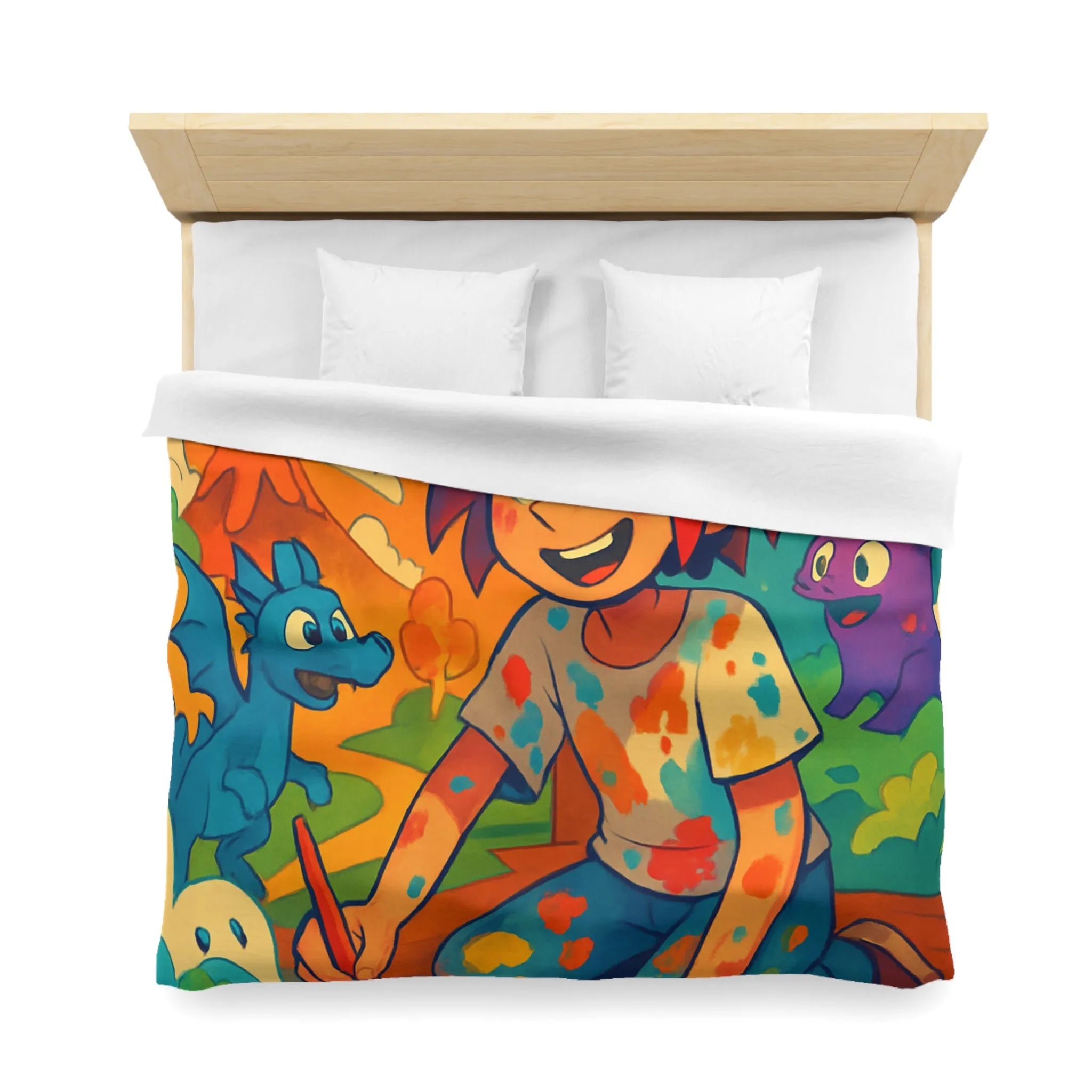Housse de couette colorée illustrée avec enfant créatif et créatures fantastiques joyeuses
