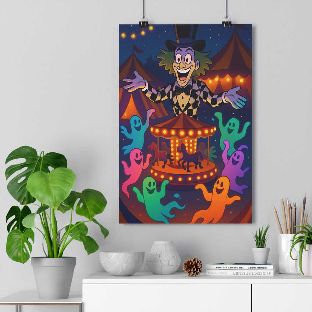Poster décoratif vibrant surréaliste multicolore joyeux chambre salon fantaisie fantômes personnage carrousel coloré qualité