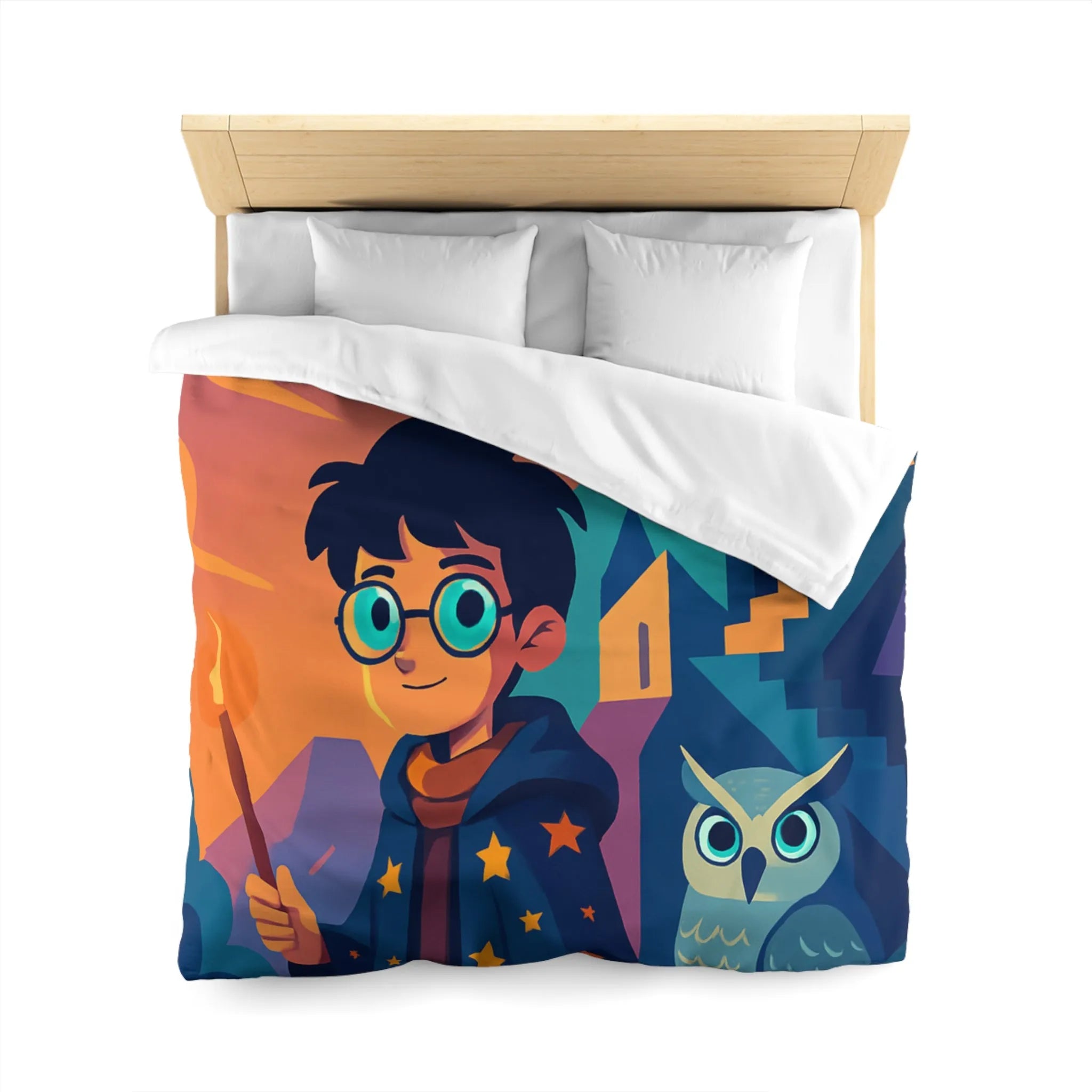 Housse de couette magique avec motif de garçon sorcier et hibou lumineux