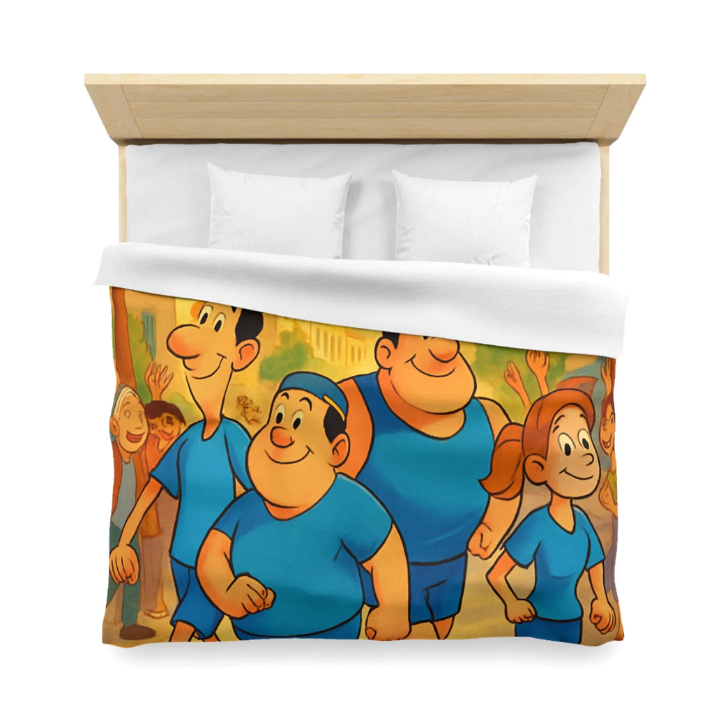 Housse de couette colorée avec personnages marchant joyeusement dans une rue animée