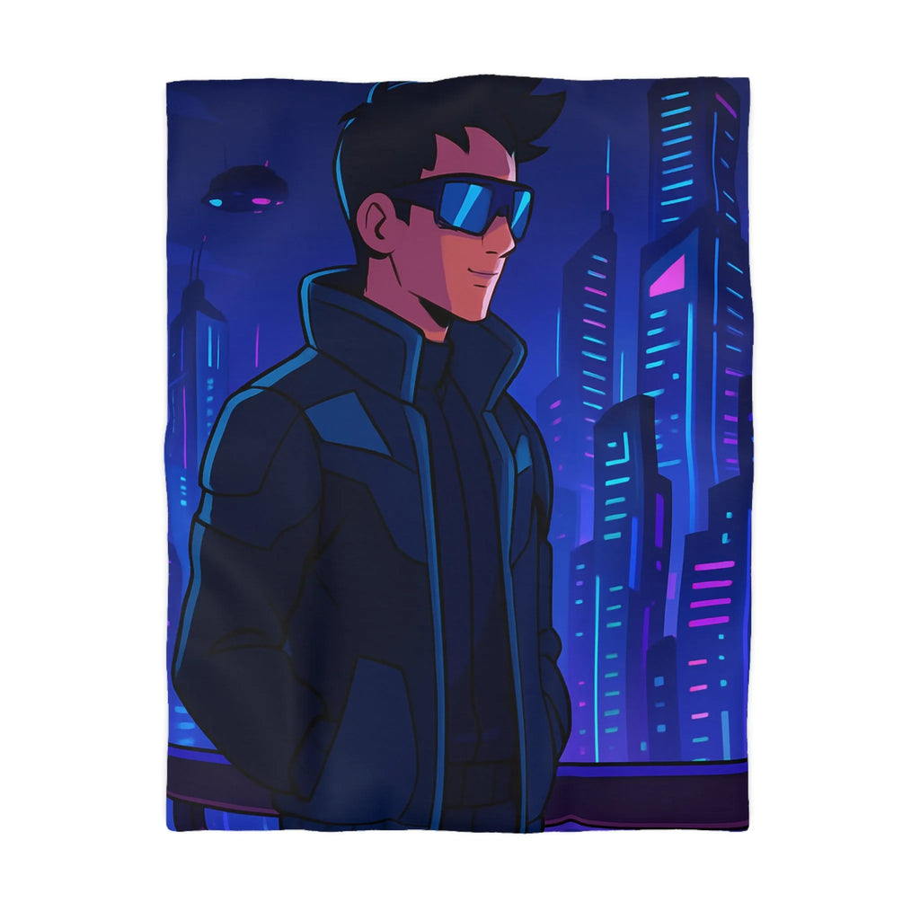 Futuriste Housse de Couette avec Ville Brillante et Homme Élégant en Lunettes