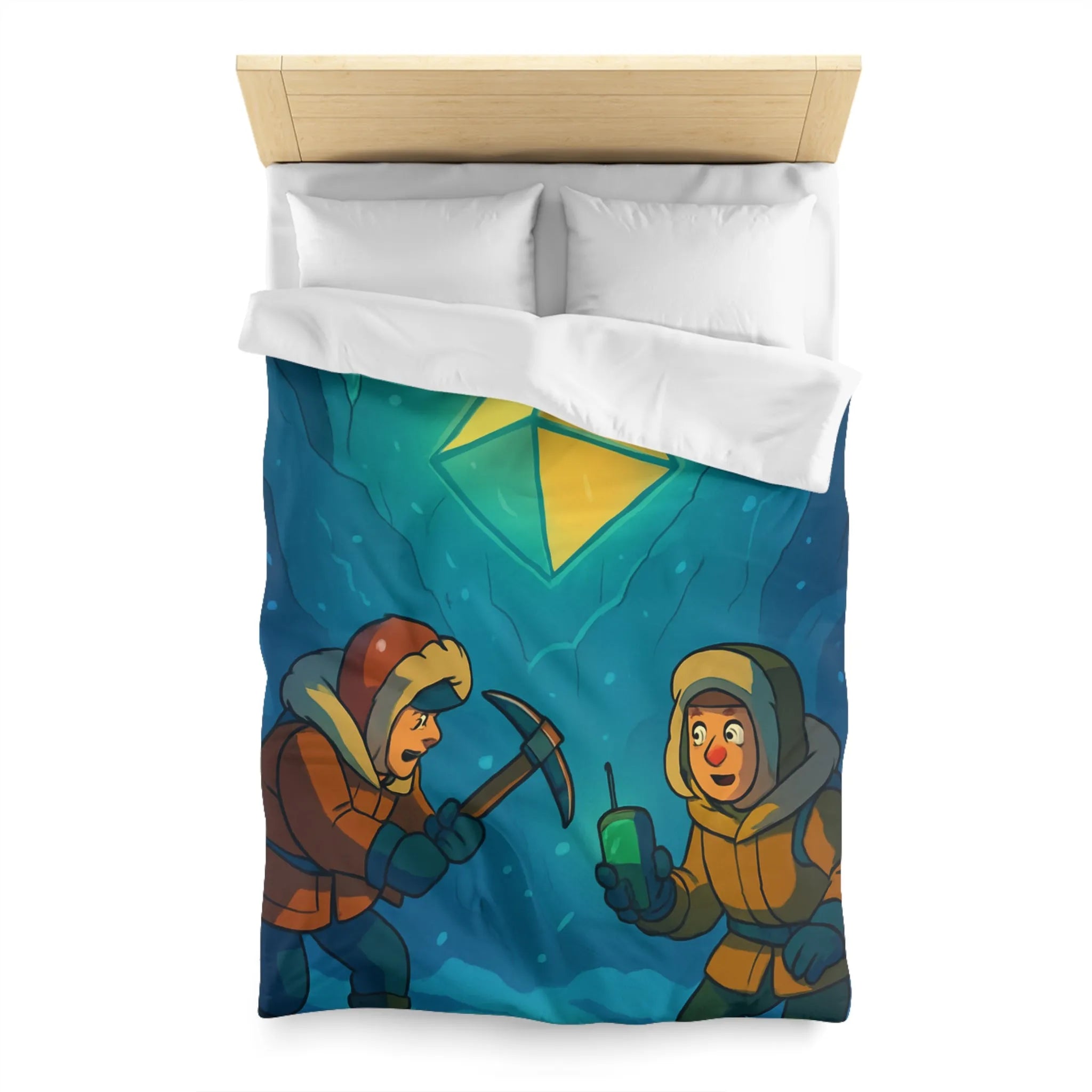 Explorez l'aventure polaire avec personnages découvrant joyau lumineux dans grotte mystérieuse