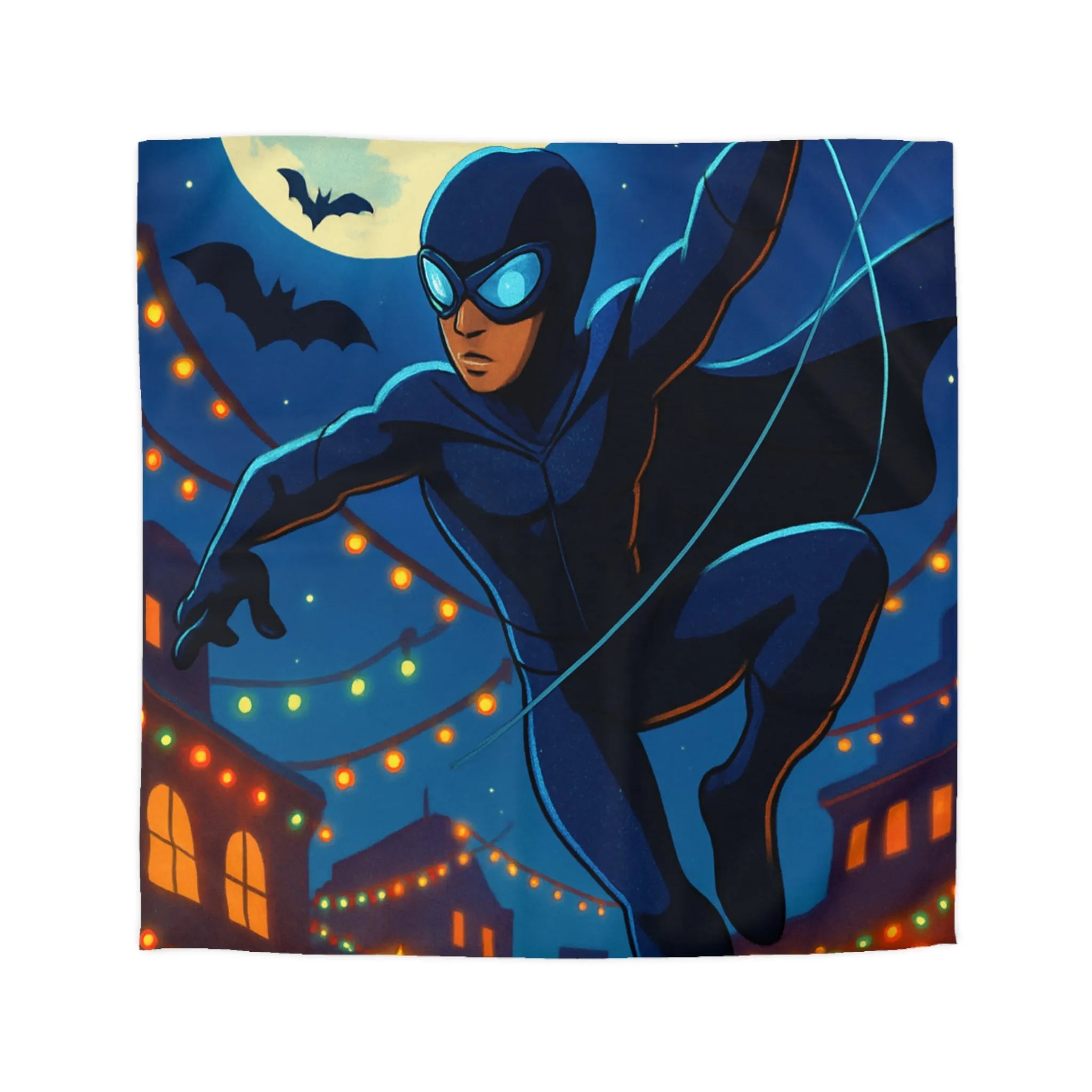 Housse de couette avec héros nocturne, ciel étoilé et décorations festives lumineuses