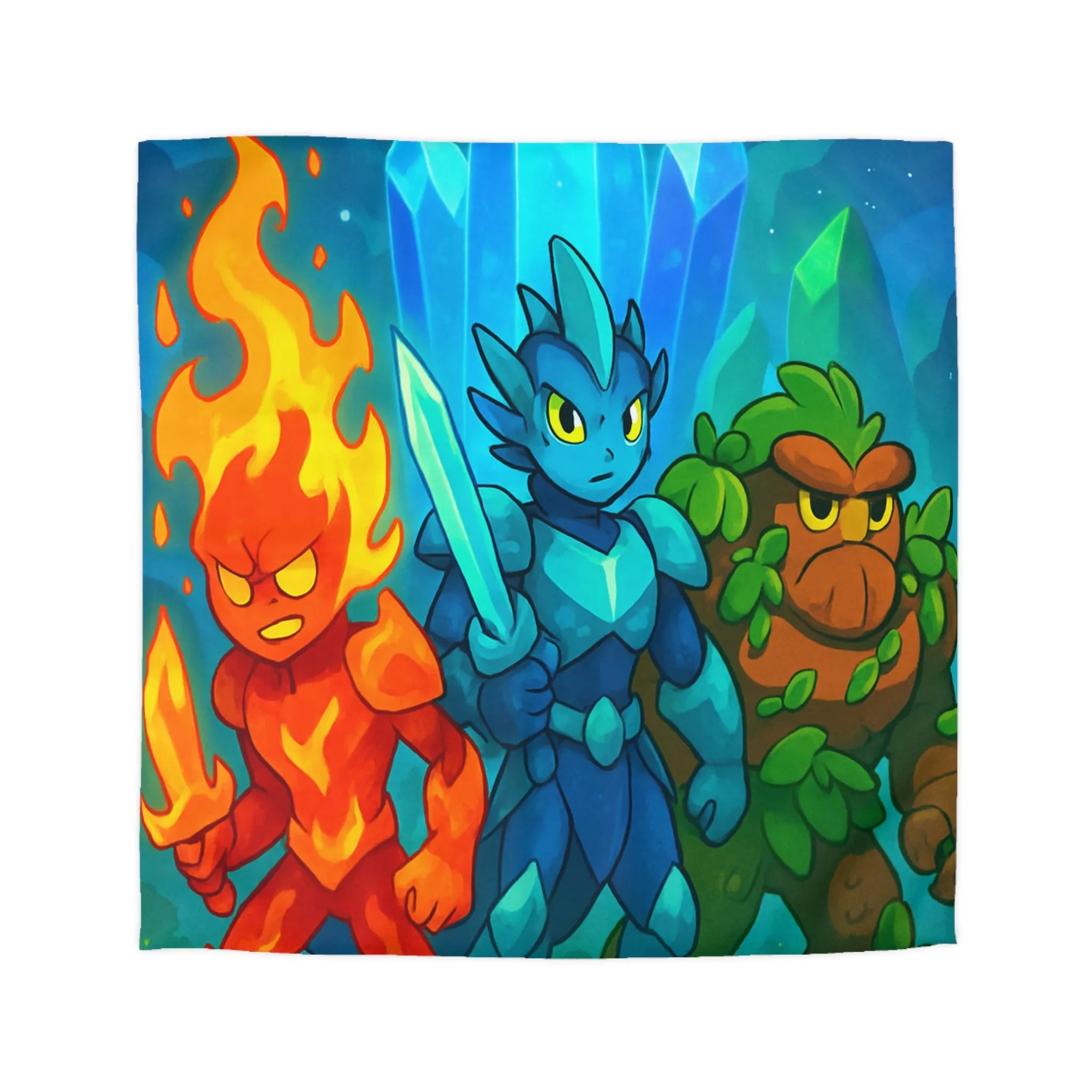 Housse de couette avec personnages élémentaires : feu, glace et terre, ambiance fantastique