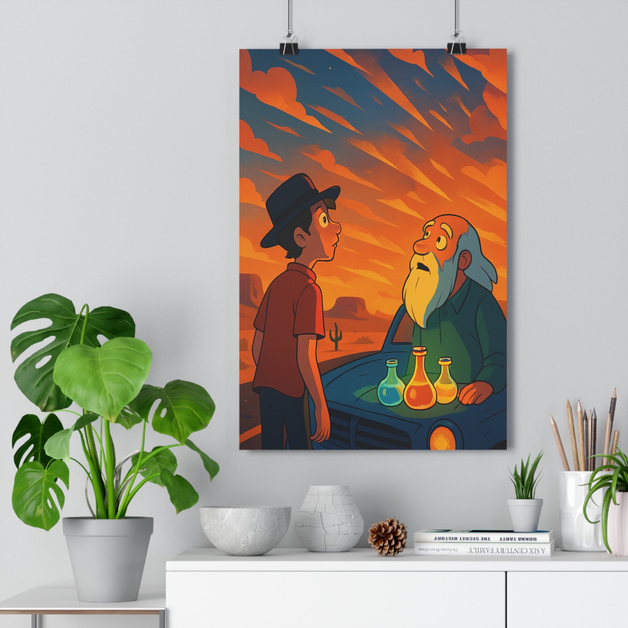 Poster décoratif anime désert coucher soleil mystique salon couleurs vives dramatique mystérieux impression qualité