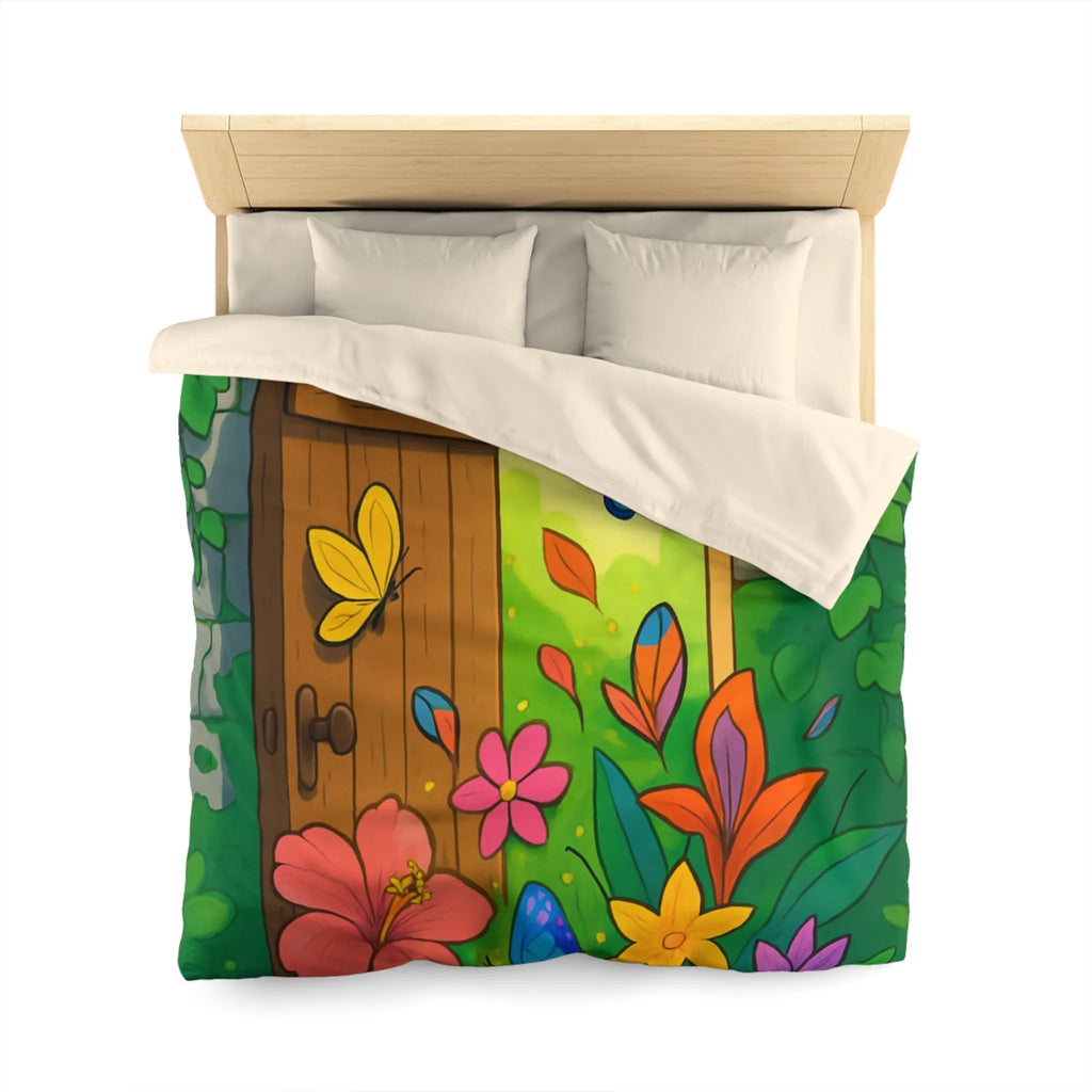 Housse de couette avec papillons colorés et fleurs devant porte de jardin enchanté