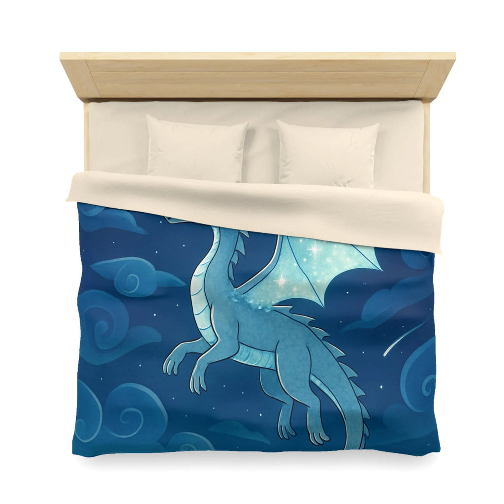 Housse de couette avec dragon bleu étincelant volant sous lune et étoiles scintillantes