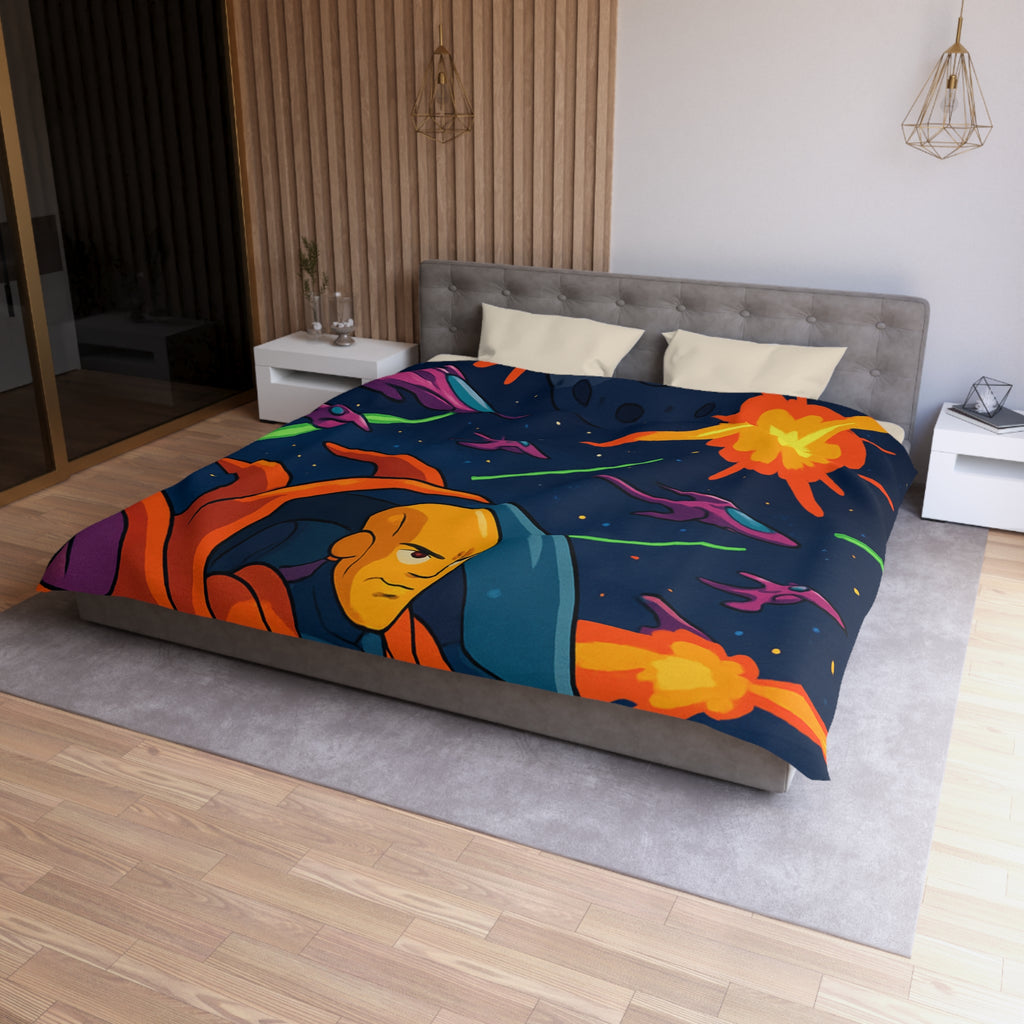 Housse de couette style rétro avec vaisseaux spatiaux et astéroïdes en explosion