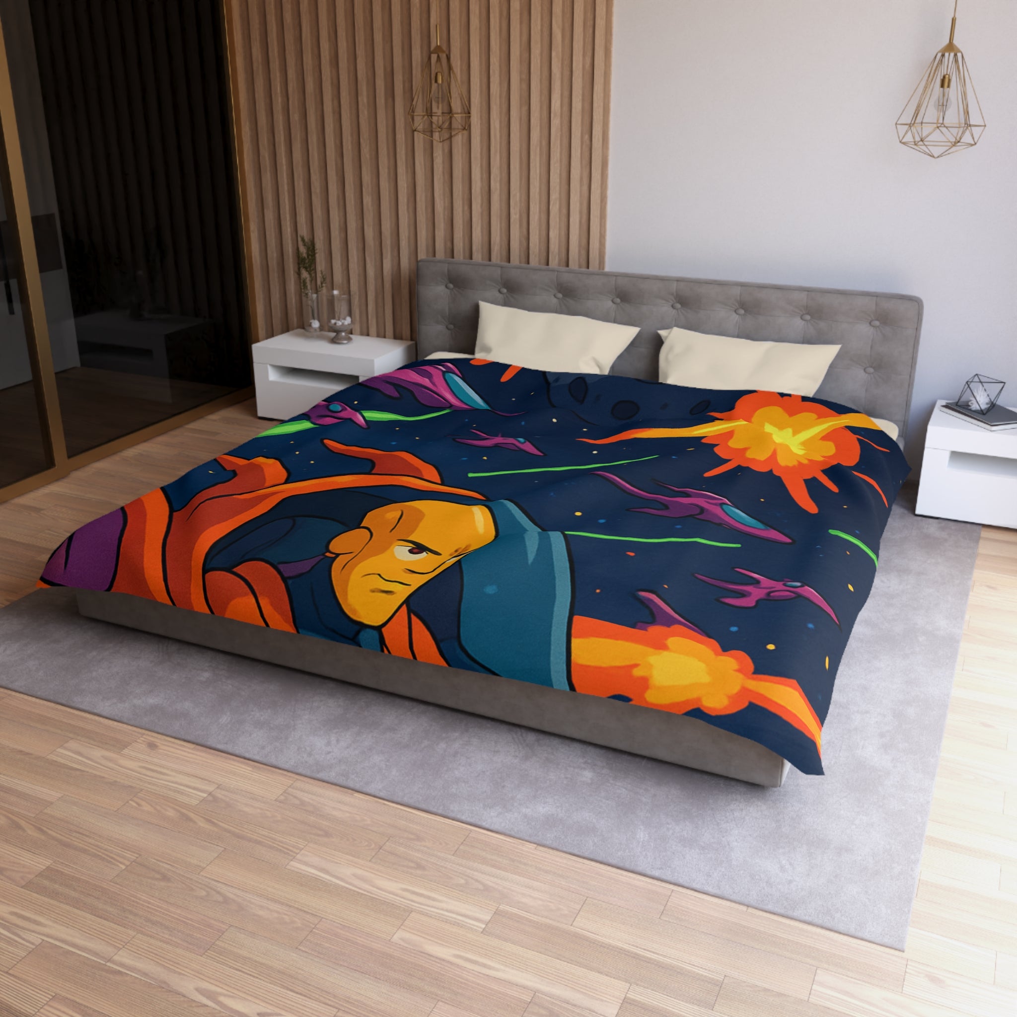 Housse de couette style rétro avec vaisseaux spatiaux et astéroïdes en explosion