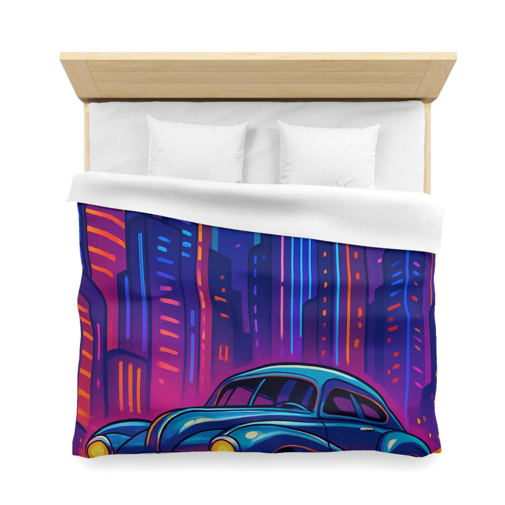 Housse de Couette Futuriste avec Voiture Vintage et Ville Lumineuse Style Néon