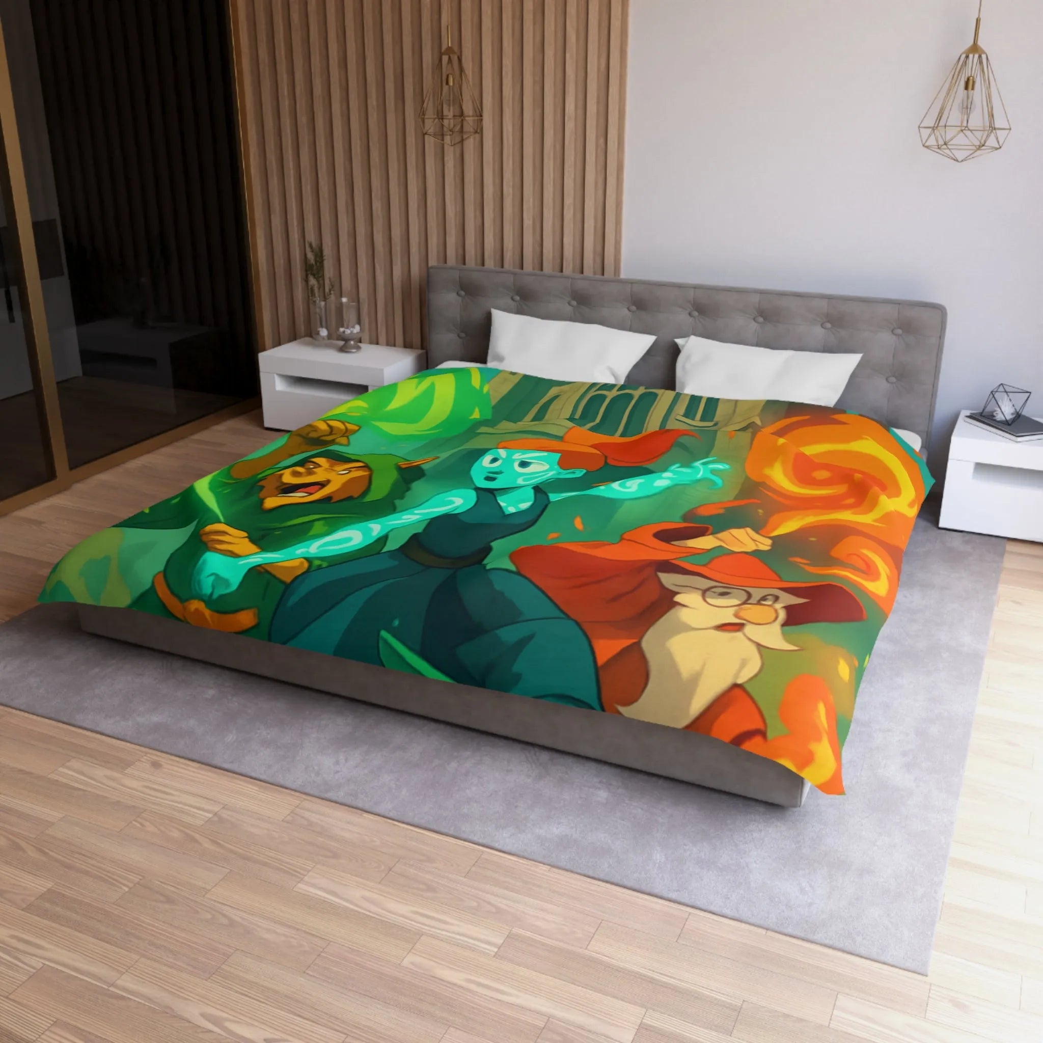 Housse de couette magique pour enfant avec personnages et château, ambiance féérique animée