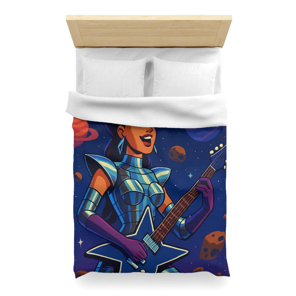 Housse de couette espace cosmique avec musicienne extraterrestre jouant de la guitare étoilée
