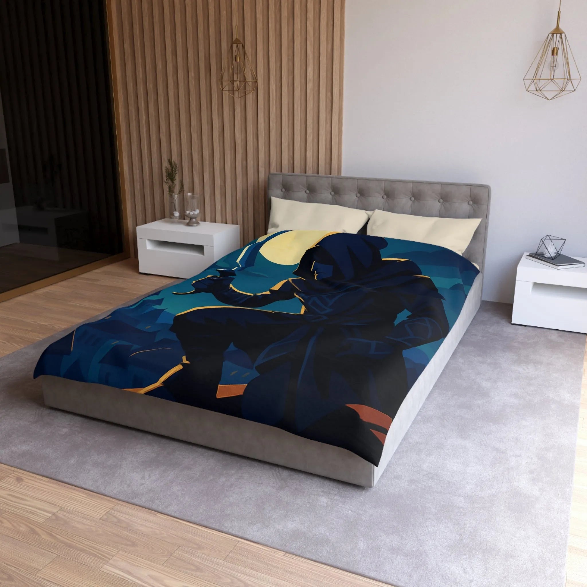 Housse de couette avec silhouette de voleur menaçant sous une pleine lune brillante