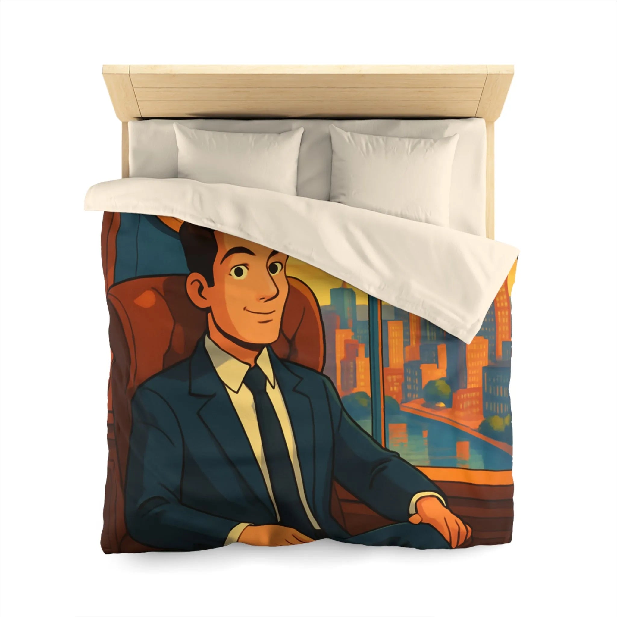 Élégante housse de couette avec homme d'affaires et horizon urbain stylisé en coucher de soleil