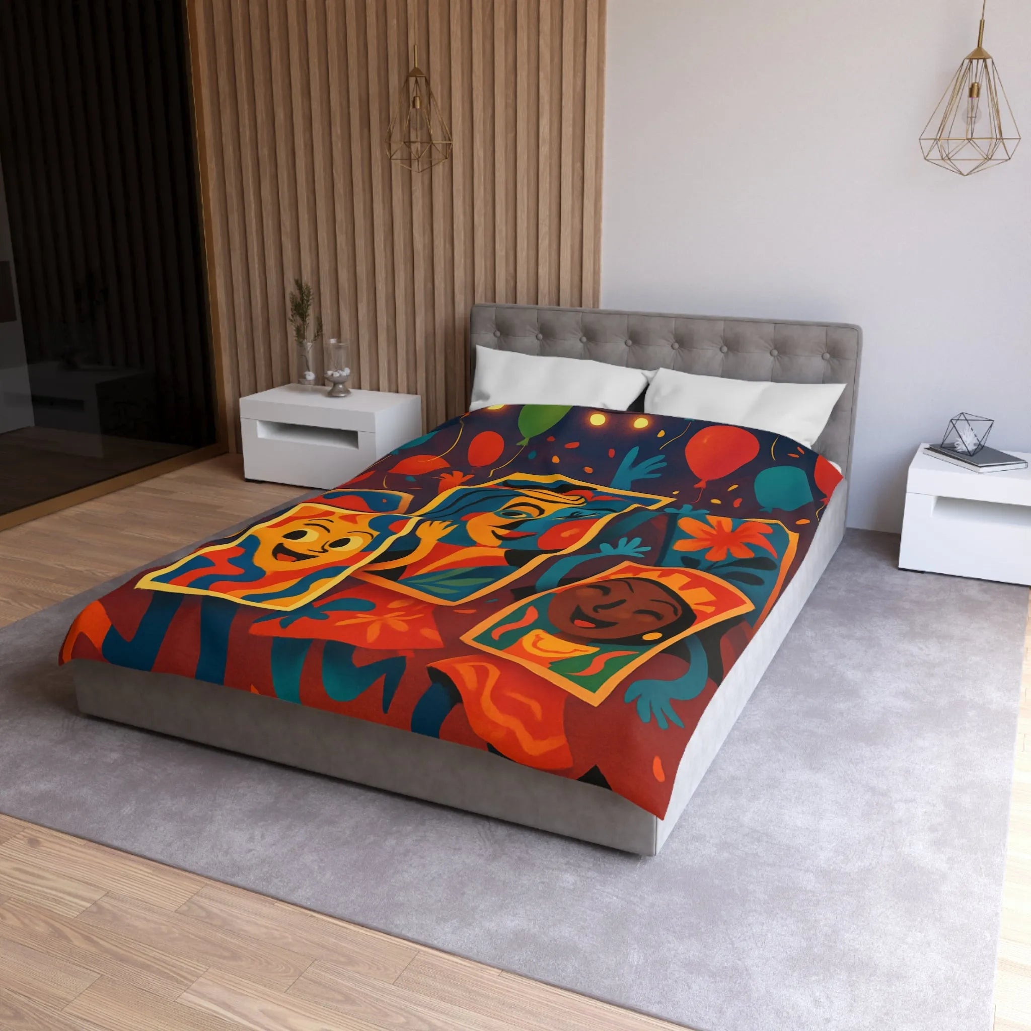 Housse de couette colorée comics avec motifs de fête et personnages joyeux