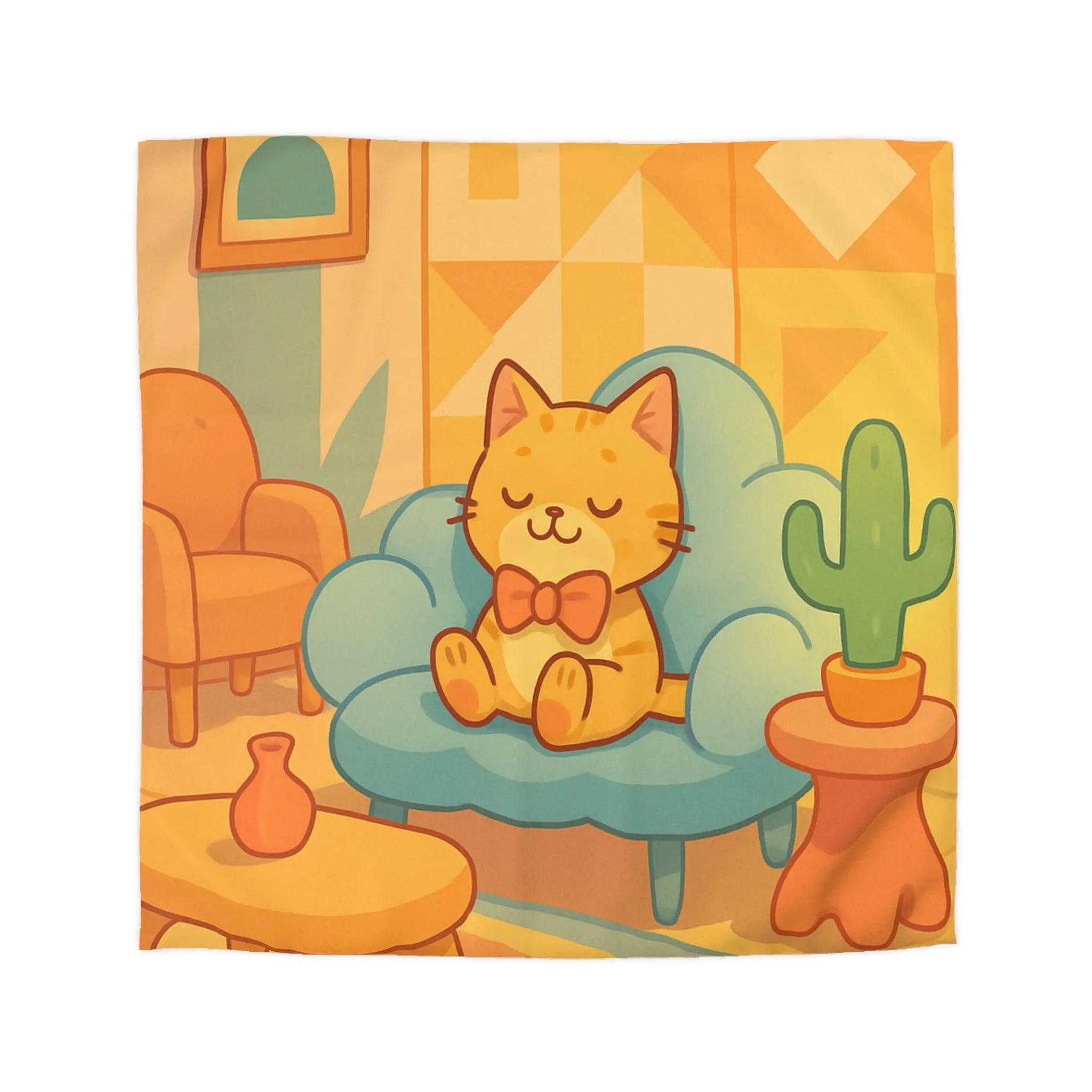 Housse de Couette Douce avec Chat Mignon et Décor Géométrique Moderne en Pastel