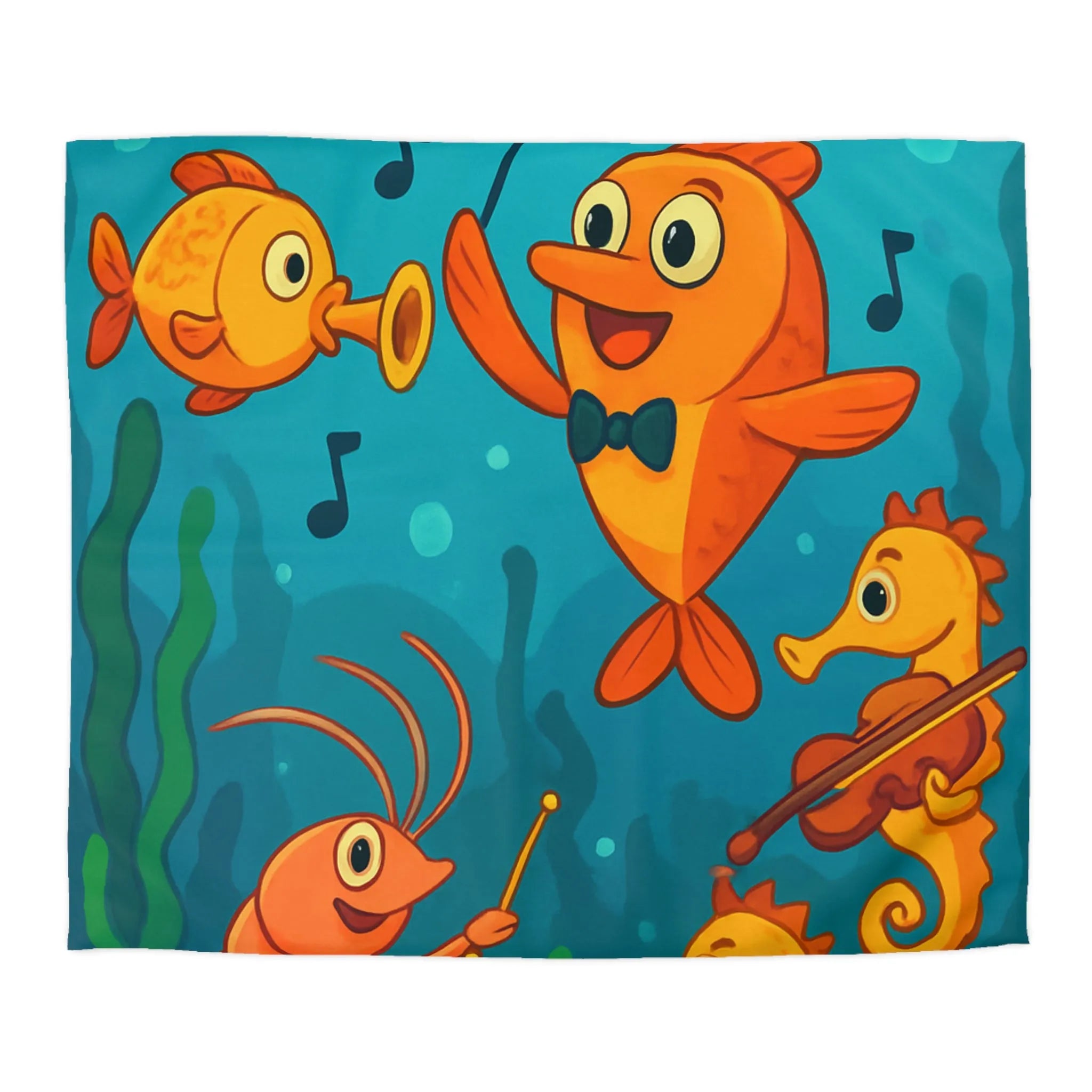 Housse de couette ludique pour enfants avec orchestre sous-marin de poissons et hippocampes