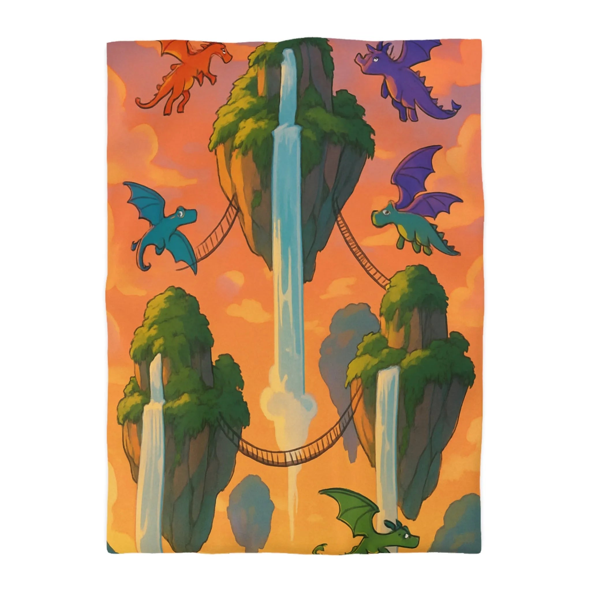 Housse de couette dragon colorée pour chambre d'enfant avec chutes et ciel magique