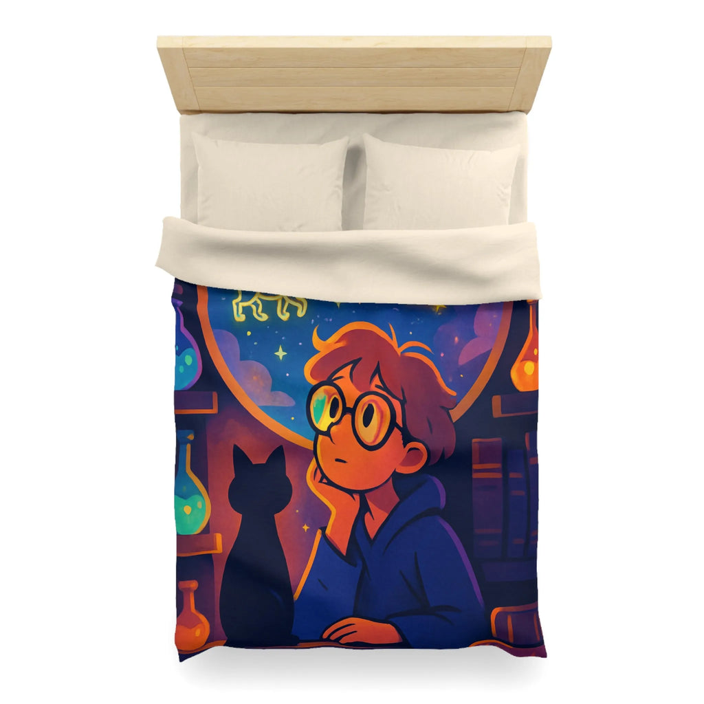 Housse de couette avec jeune rêveur et ciel étoilé magique pour ambiance féerique