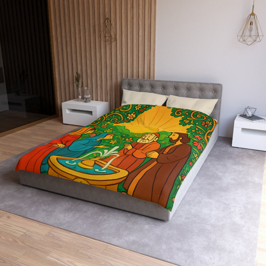 Housse de couette vibrante avec scène florale colorée et figures en discussion harmonieuse