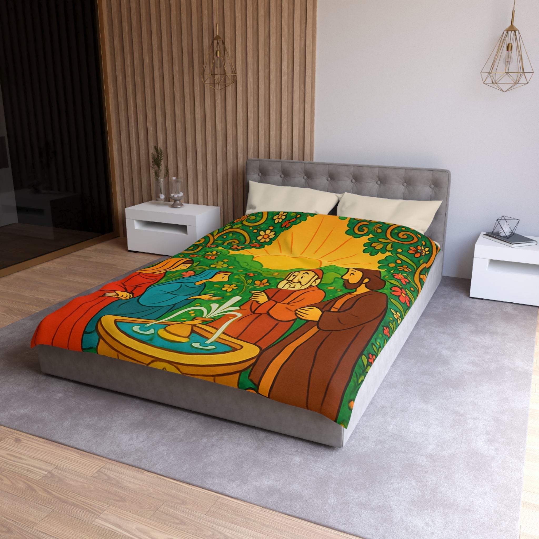 Housse de couette vibrante avec scène florale colorée et figures en discussion harmonieuse