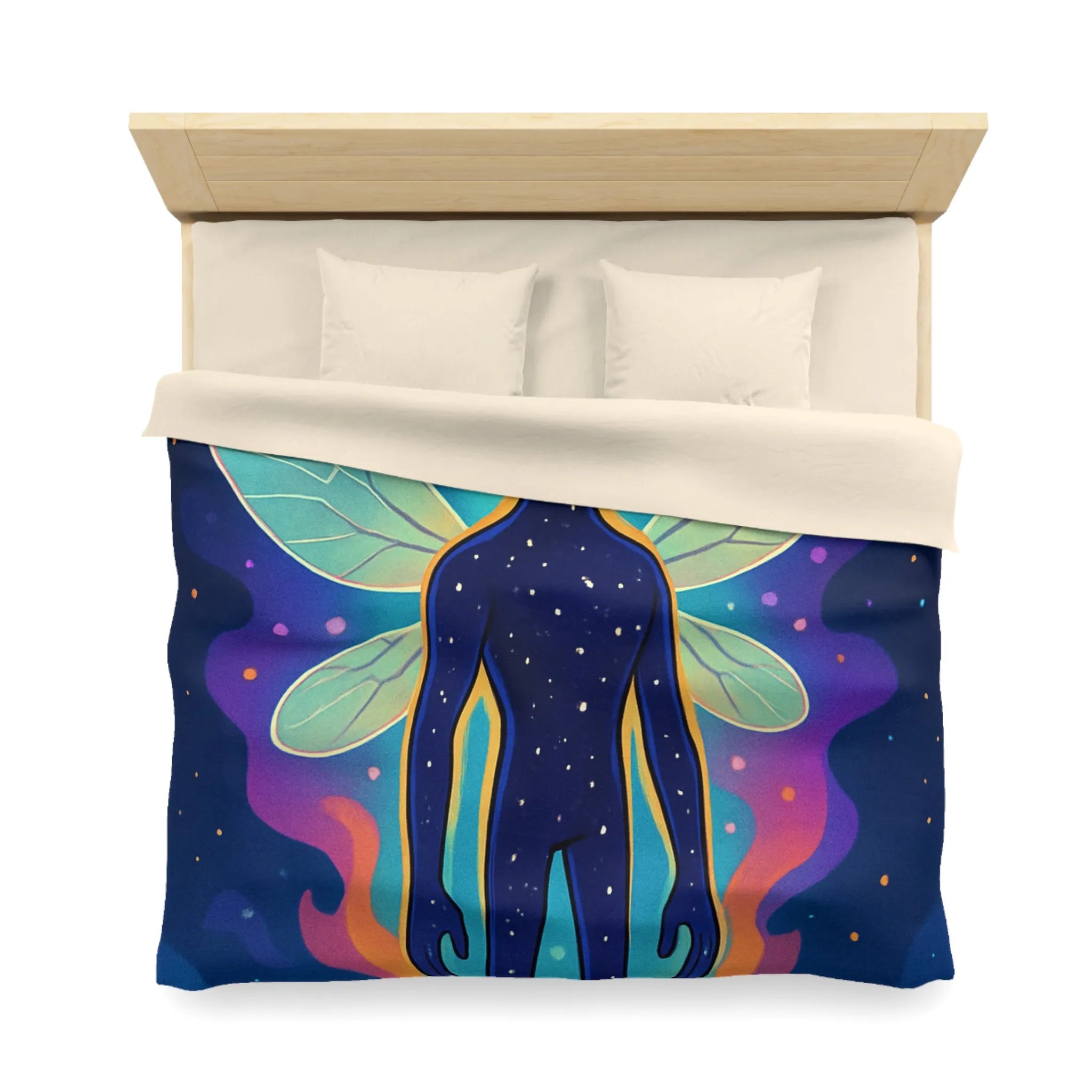 Housse de couette féerique avec créature cosmique et ailes éthérées pour chambre unique