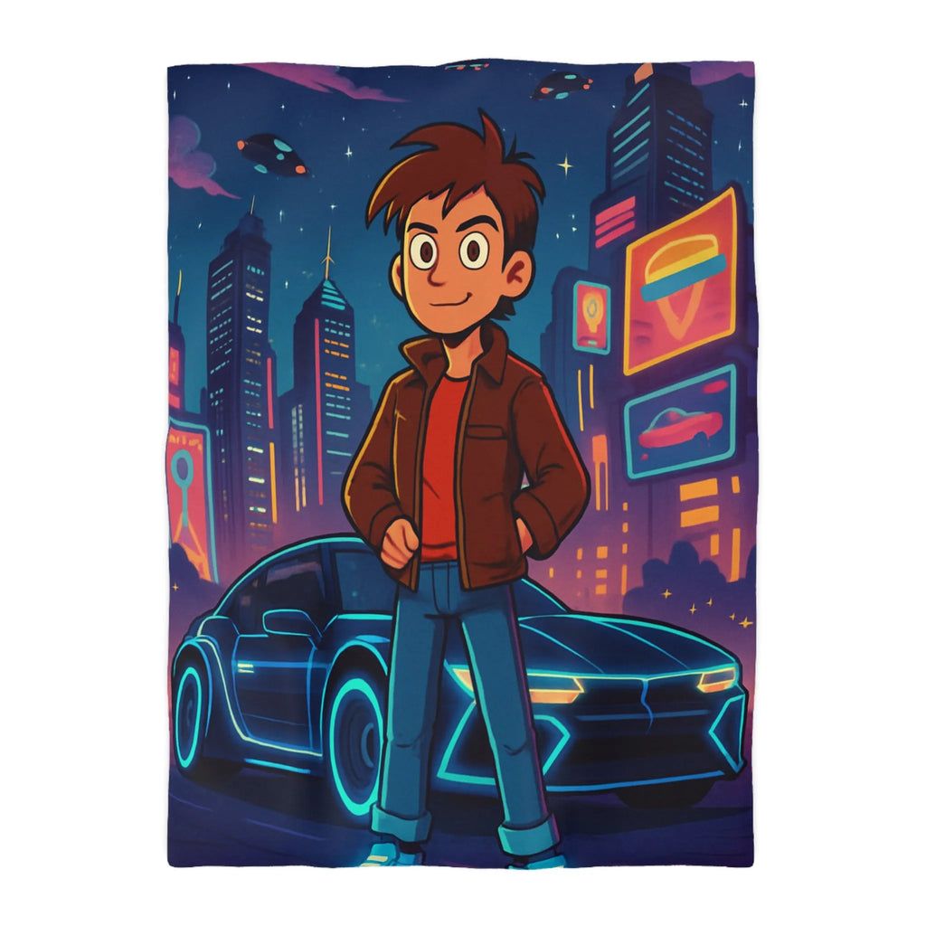 Housse de Couette Future Enfant Ville Nocturne Néons Jeune Garçon et Voiture