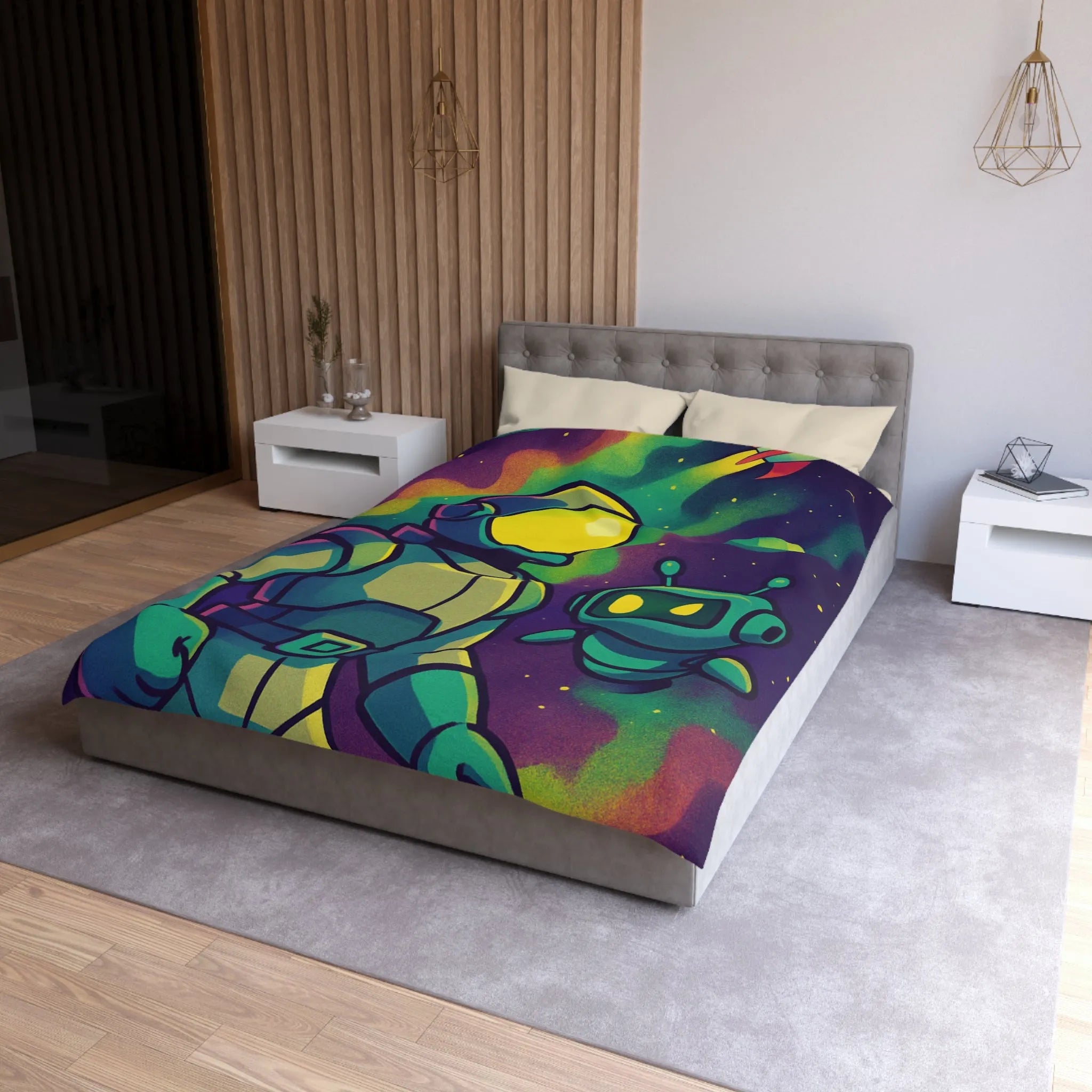 Housse de couette enfant espace avec cosmonaute et robot mignon en couleurs vives