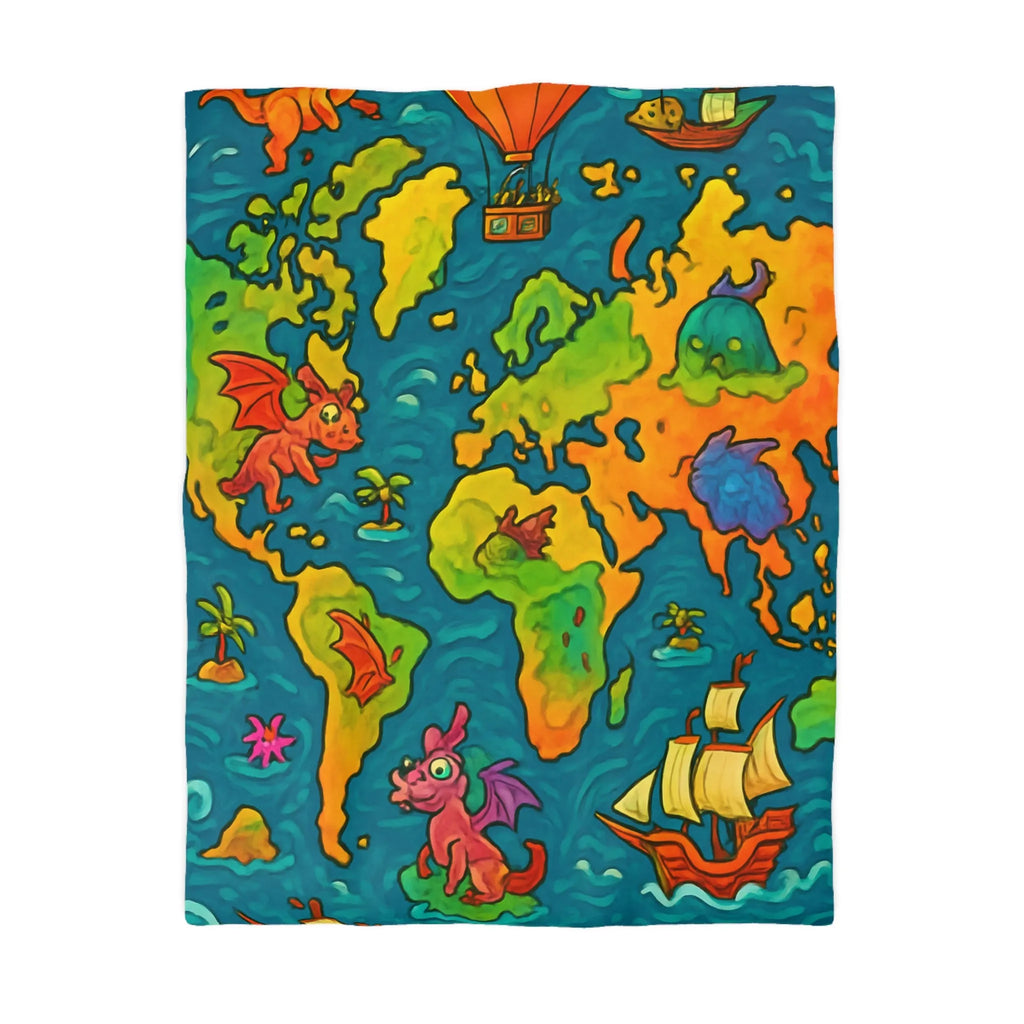 Housse de couette carte monde fantastique avec dragons et bateaux pour enfant