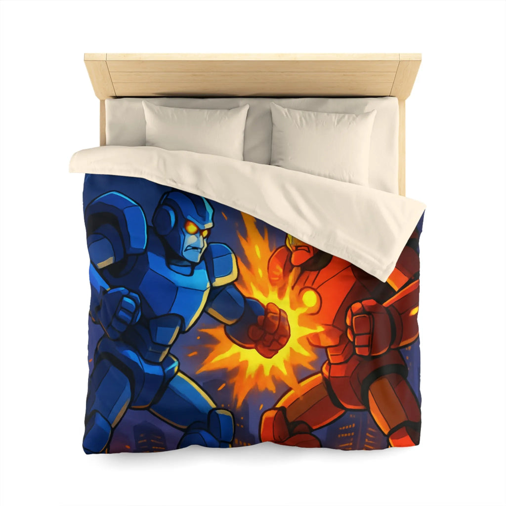 Housse de couette futuriste robots en combat dans une ville éclairée par l'orage