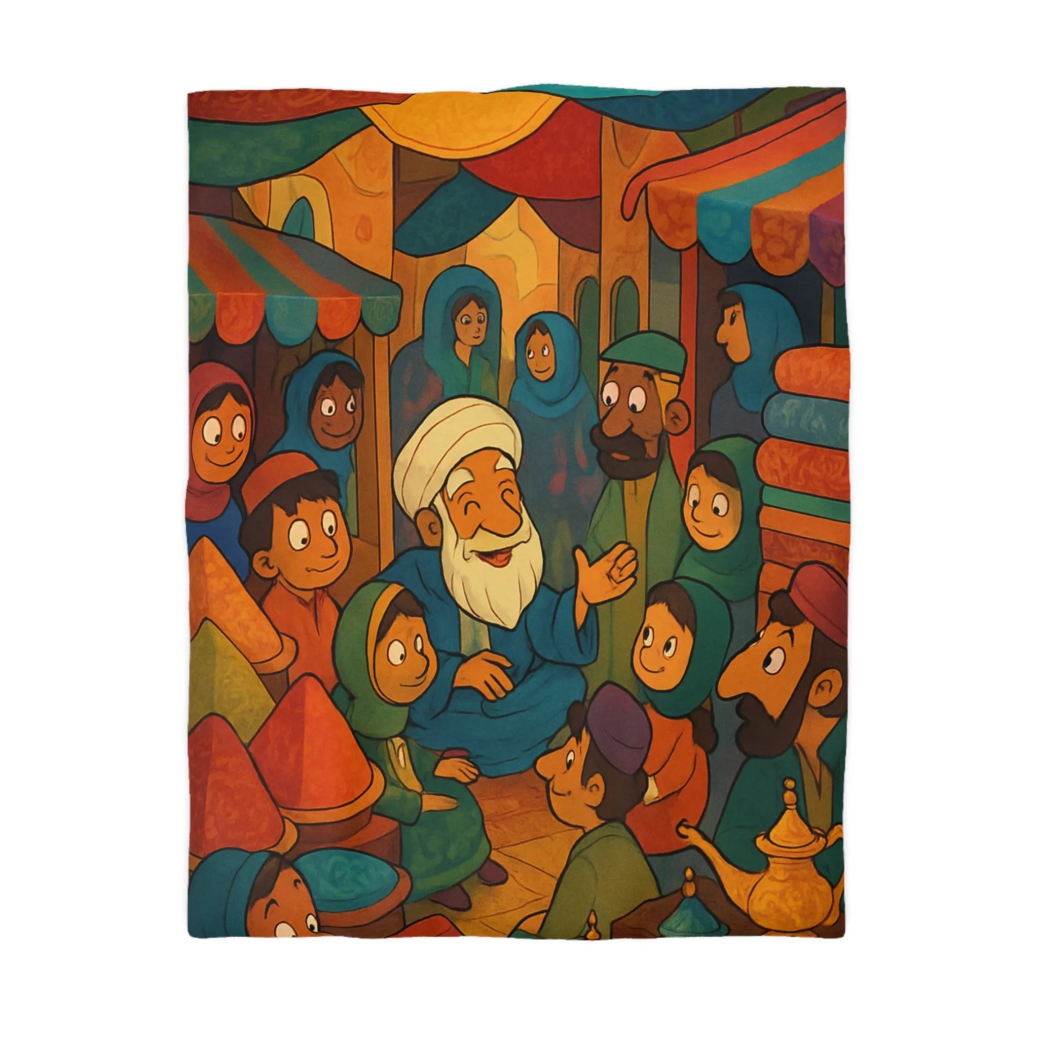 Housse de Couette Colorée Illustrant un Marché Animé avec Scène de Conteurs Traditionnels